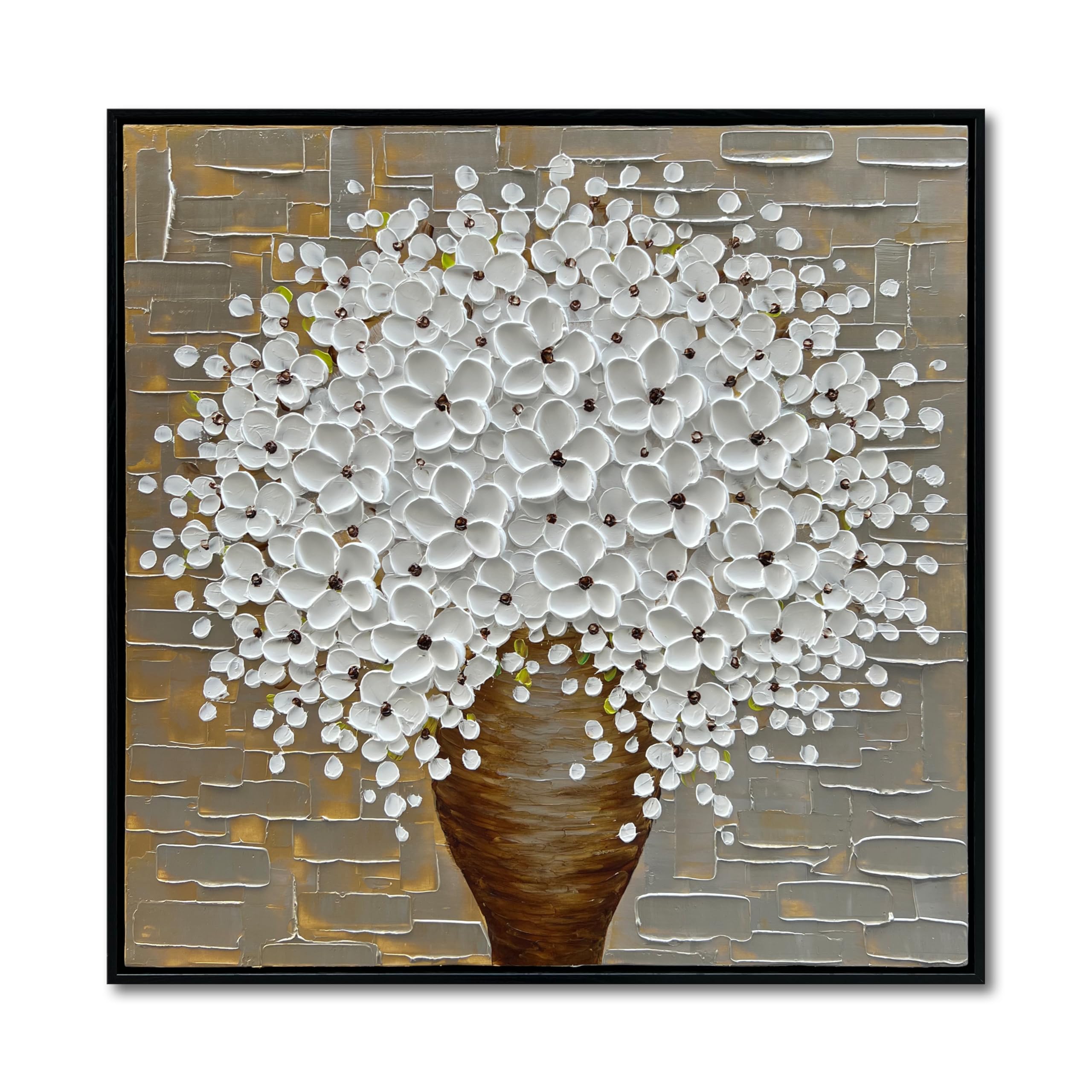Hand-Painted 3D White Flower Oil Painting on Black Framed Canvas - 24x24 Inch Art Deco Wall Decor for Living Room, Bedroom & Office | Thick Texture Background Floral Mural