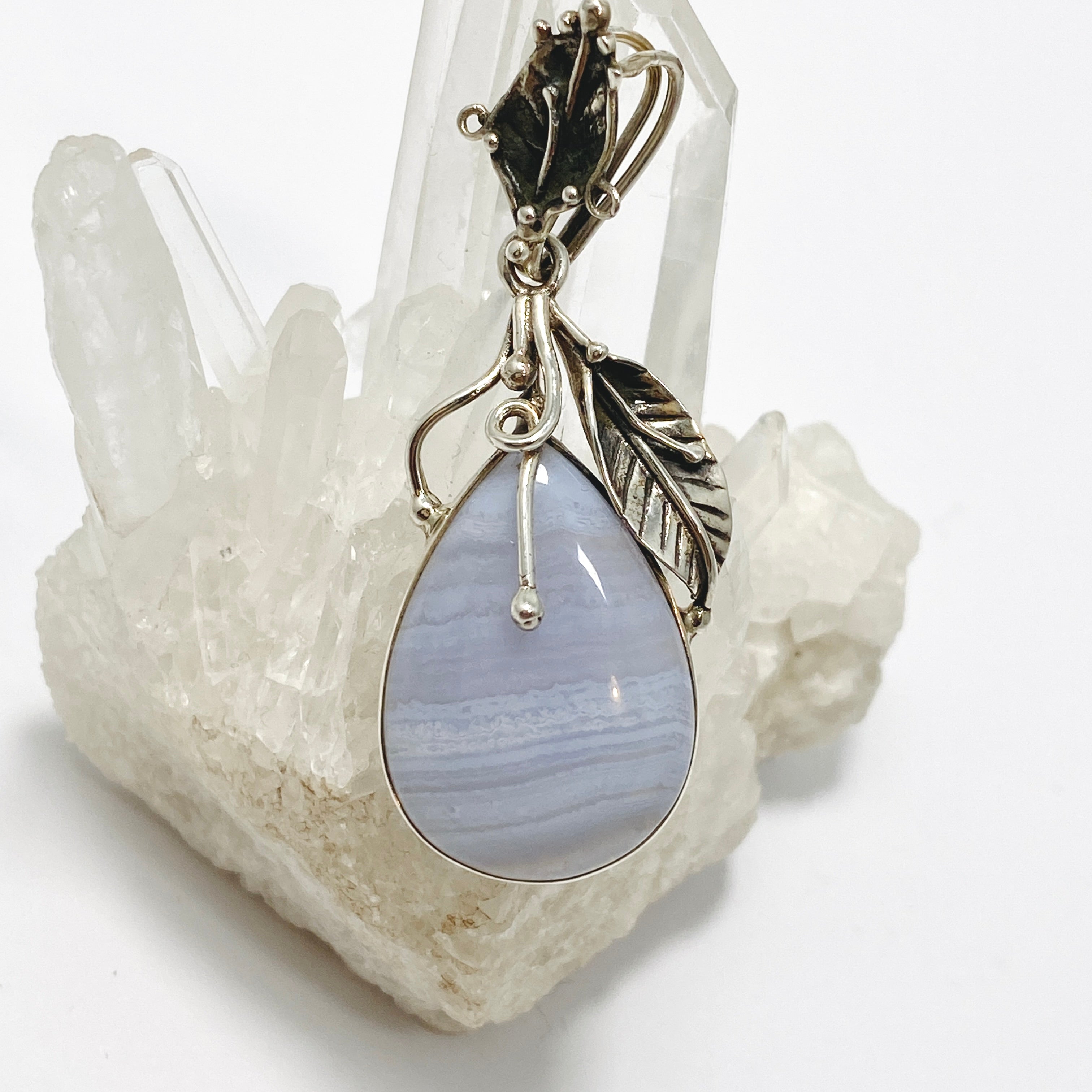 Blue Lace Agate Teardrop Cabochon Pendant Necklace - Natural Stone Jewelry with Botanical Setting PPGJ989 - Perfect for Boho Style, Meditation & Spiritual Healing
