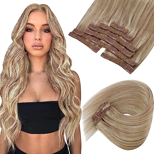 2 Packs Clip-in & Tape-in Hair Extensions with Blonde Highlights - 20inch & 18inch for Volume & Length - Perfect for Parties, Weddings & Everyday Styling