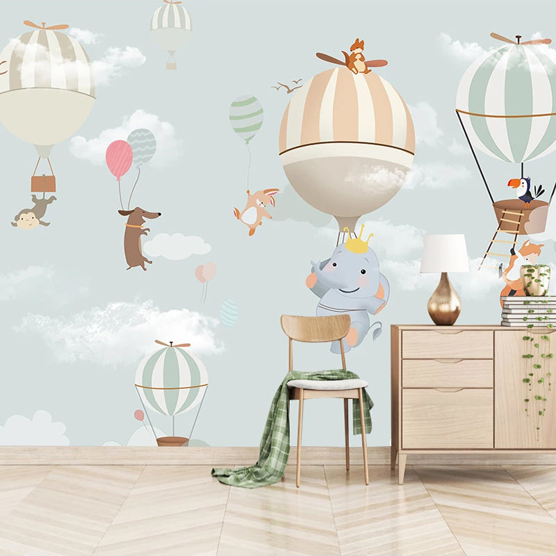 Animals Flying on Hot Air Balloons Nursery Wallpaper - Whimsical Kids Room Decor for Baby Boy & Girl Bedroom, Playroom, or Daycare
