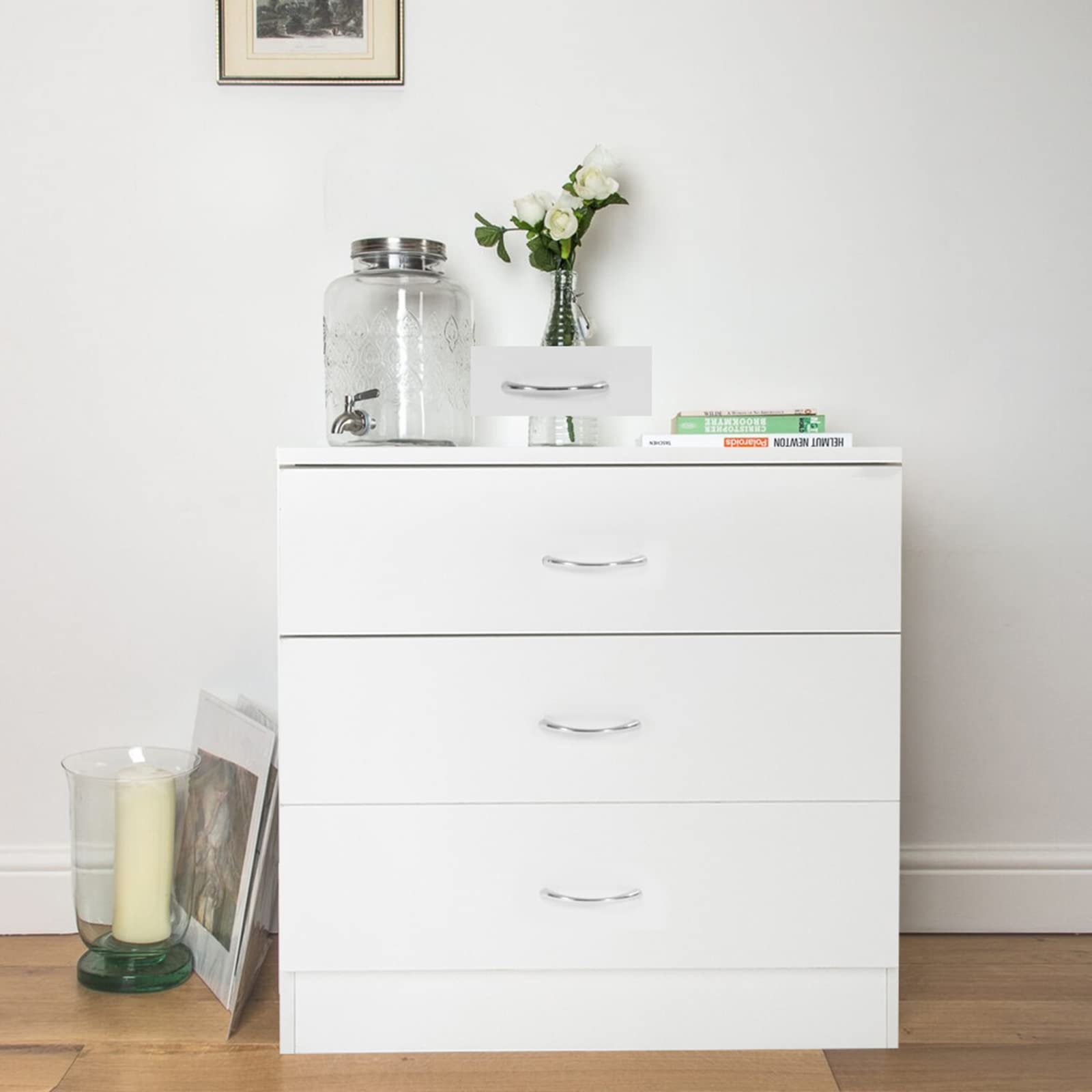 White Wooden Dresser with 3 Drawers - Bedroom Nightstand & Storage Cabinet for Closet, Living Room