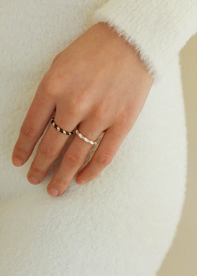 Black Striped Enamel CZ Stacking Ring Set - Elegant Adjustable Fashion Rings for Women, Perfect for Layering and Everyday Wear