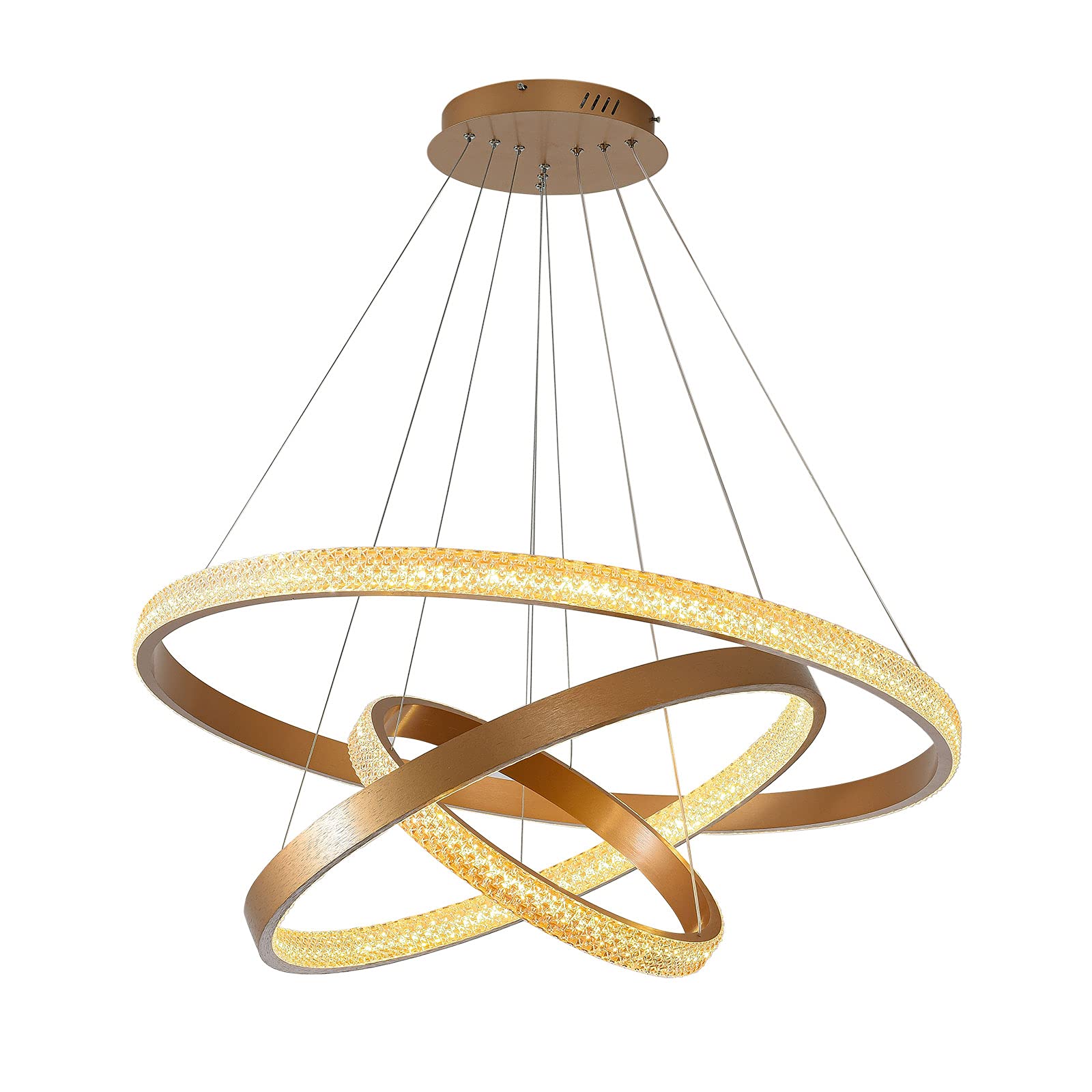 **Dimmable Modern Crystal Gold Chandelier - 3-Ring Circular Ceiling Light Fixture with 51in Adjustable Cord, 6000K Cool White - Perfect for Kitchen Island, Dining Room, Living Room & Bedroom Lighting**