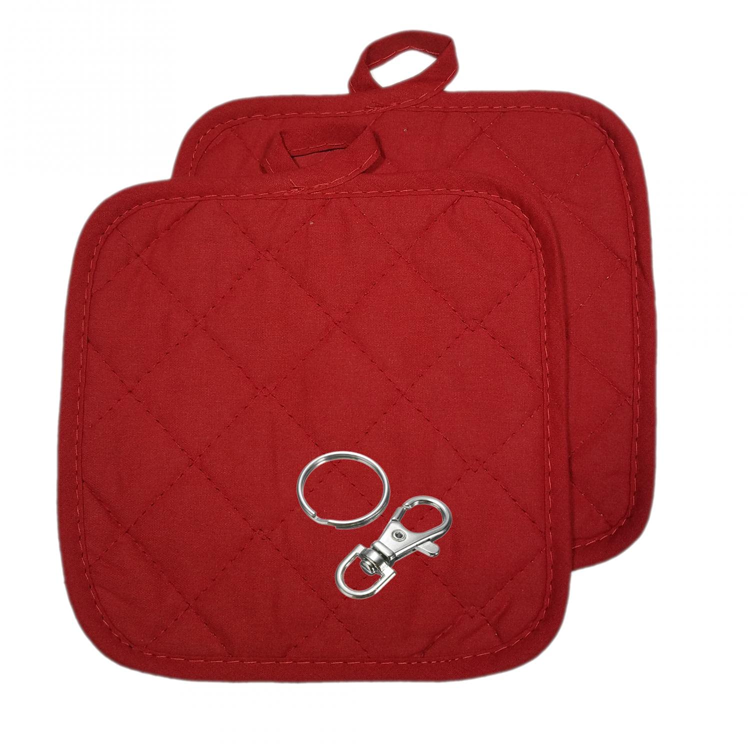 4PCS Heat Resistant Potholders Set - 7x7 Inch Kitchen Hot Pads with Bonus Lobster Clasp & Key Ring (2 Red Potholders + 2 Extra) - Perfect for Cooking, Baking, Grilling and Kitchen Safety