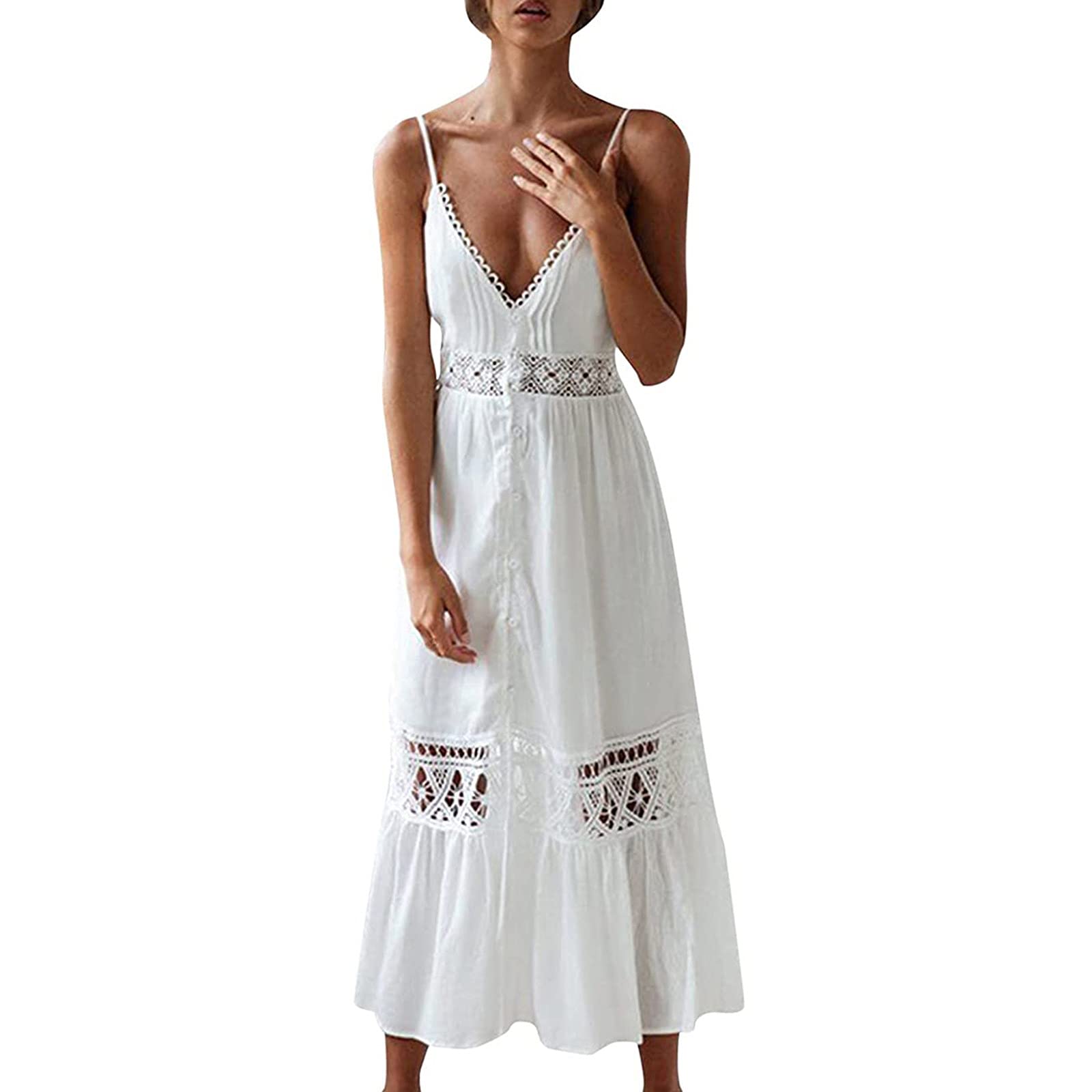 Huneny Women's Boho Floral Lace V-Neck Swing Dress - Elegant Hollow Out Evening Gown for Wedding Guest, Party & Special Occasions