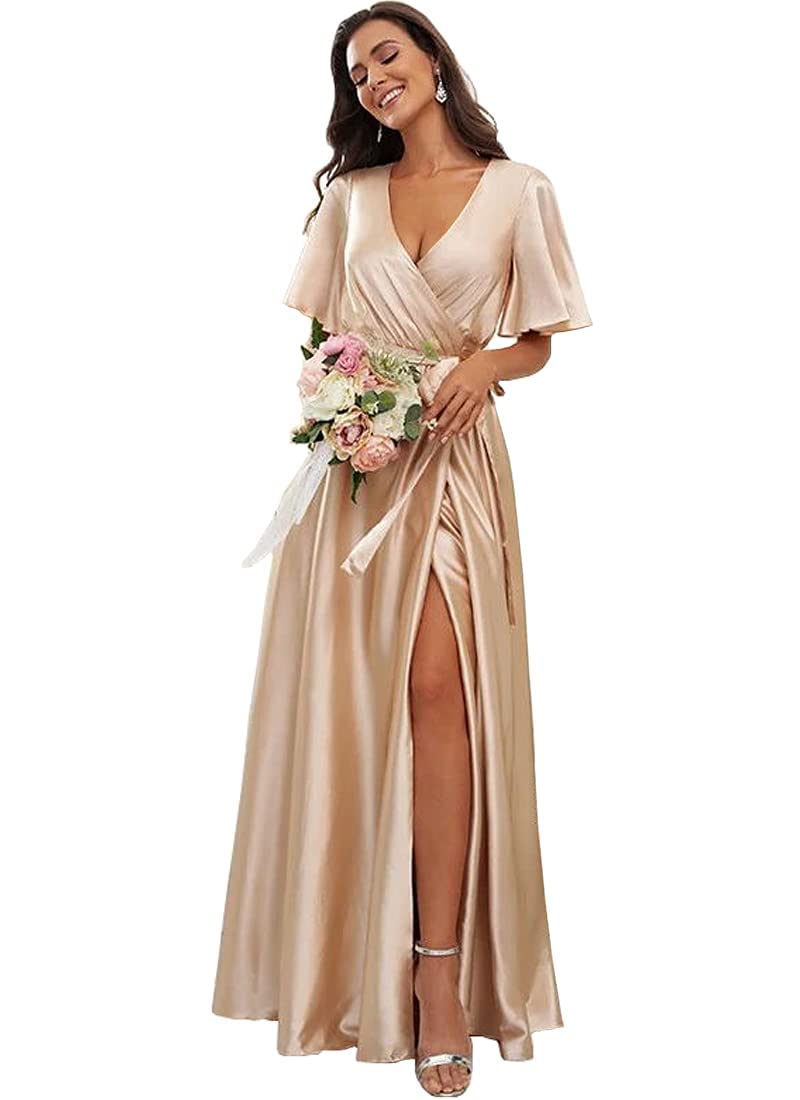 COEYOUES Women's Short Sleeve Bridesmaid Dress - A-Line V-Neck Satin Wedding Guest Dress with Slit | Perfect for Weddings, Parties & Formal Events