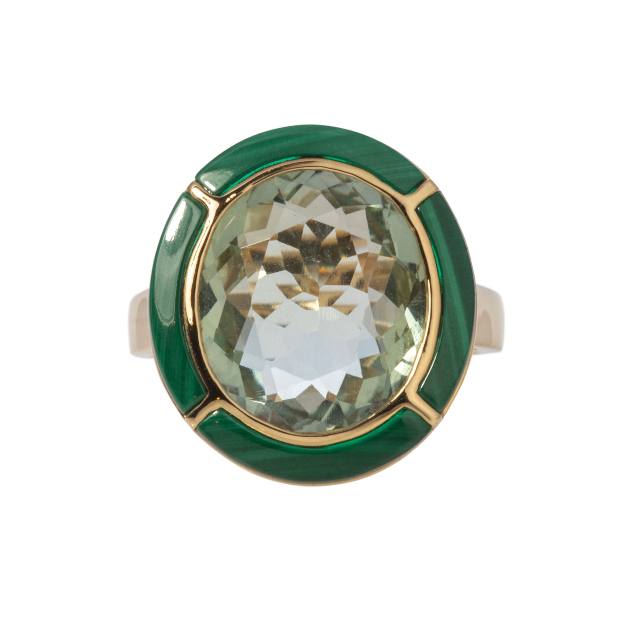Goshwara 18K Gold Ring with Oval Prasiolite & Malachite Inlay – Elegant Jewelry for Weddings, Anniversaries & Special Occasions