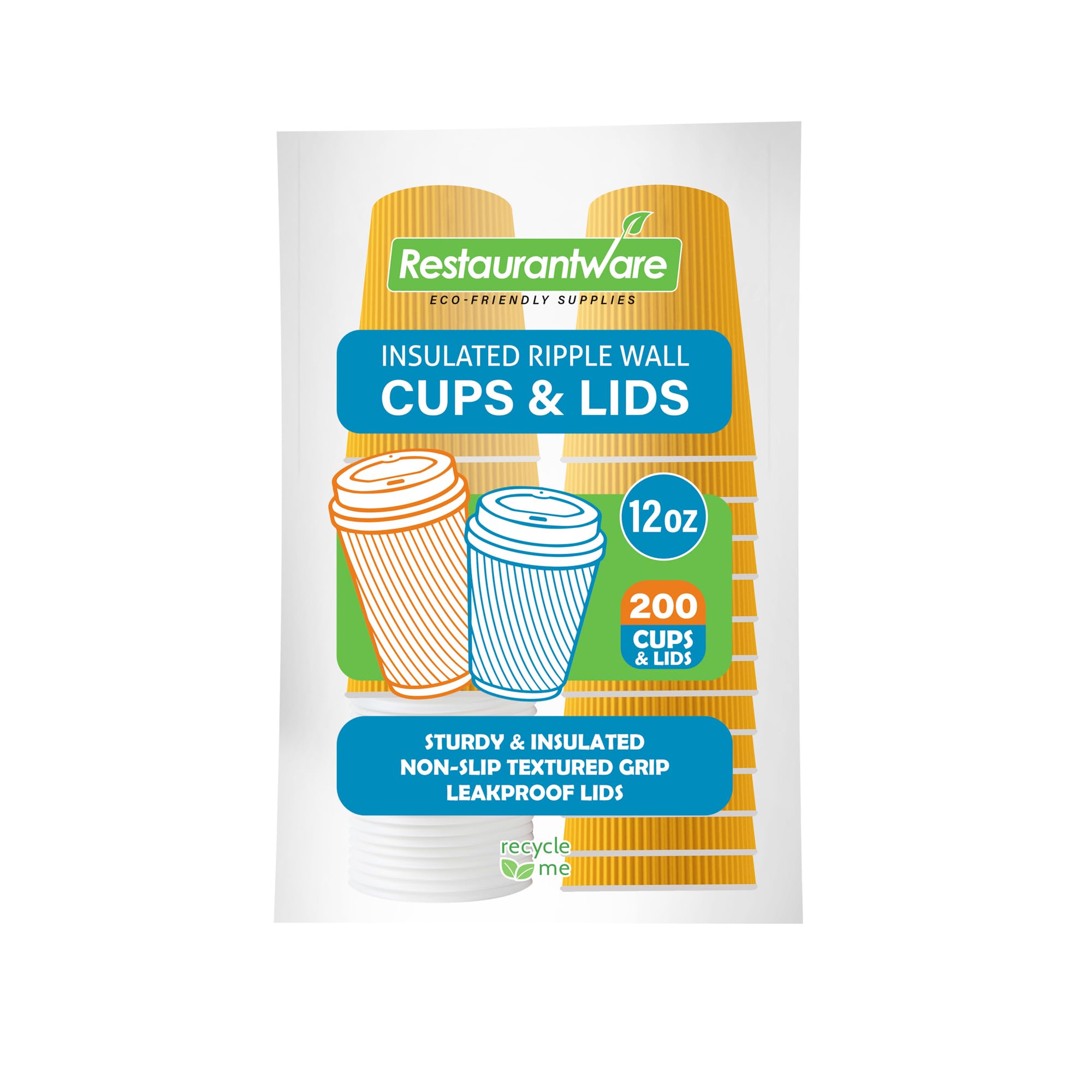 12oz Insulated Coffee Cups with Lids - 200 Pack Leakproof Disposable Hot Drink Cups for Tea, Hot Cocoa & Lattes | Restaurantware Yellow Ripple Wall Paper Cups for Coffee Shops, Cafes & Office Break Rooms