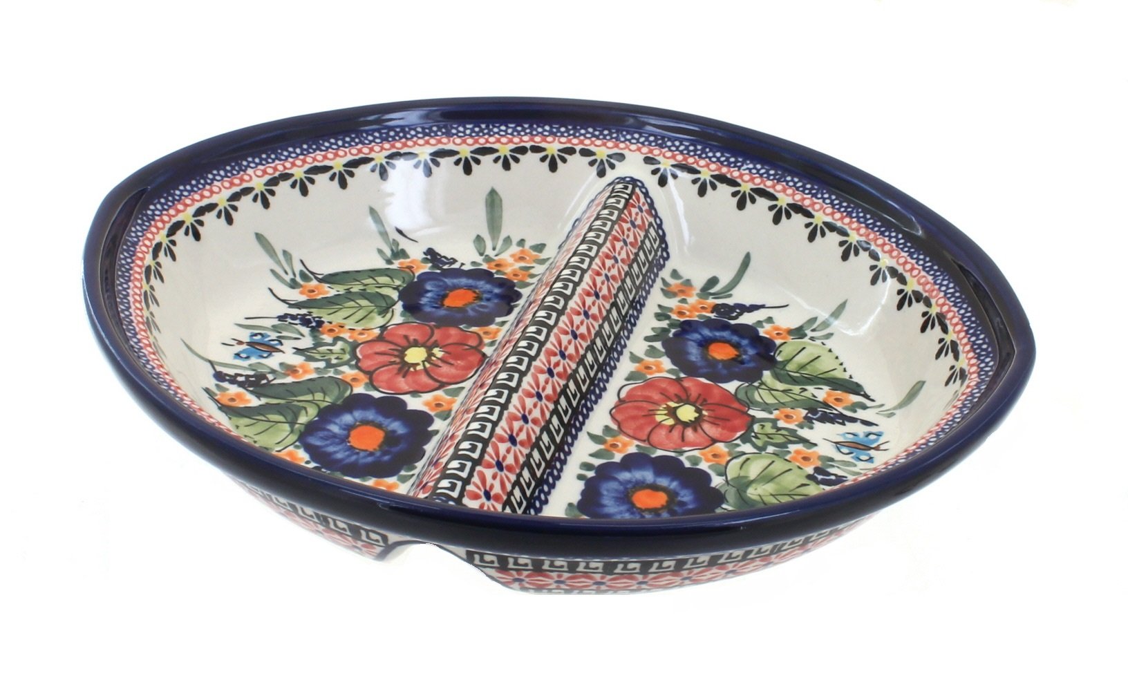 Blue Rose Polish Pottery Floral Butterfly Large Divided Serving Dish - Perfect for Entertaining, Appetizers, and Home Decor