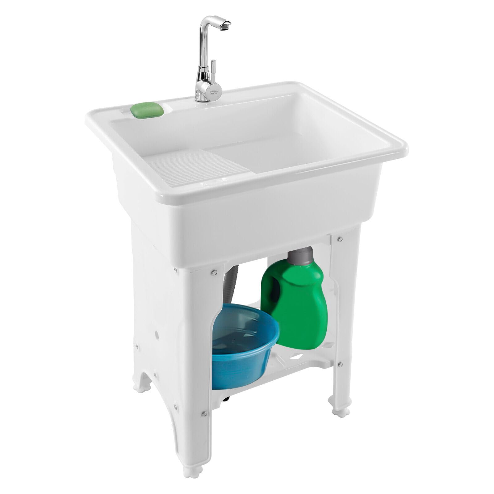 Goudergo Freestanding Plastic Laundry Sink with Washboard - Indoor/Outdoor Utility Sink with Hot & Cold Water Faucet & Drain Kit - Perfect for Laundry Room, Garage, Basement, RV, and Outdoor Cleaning Tasks