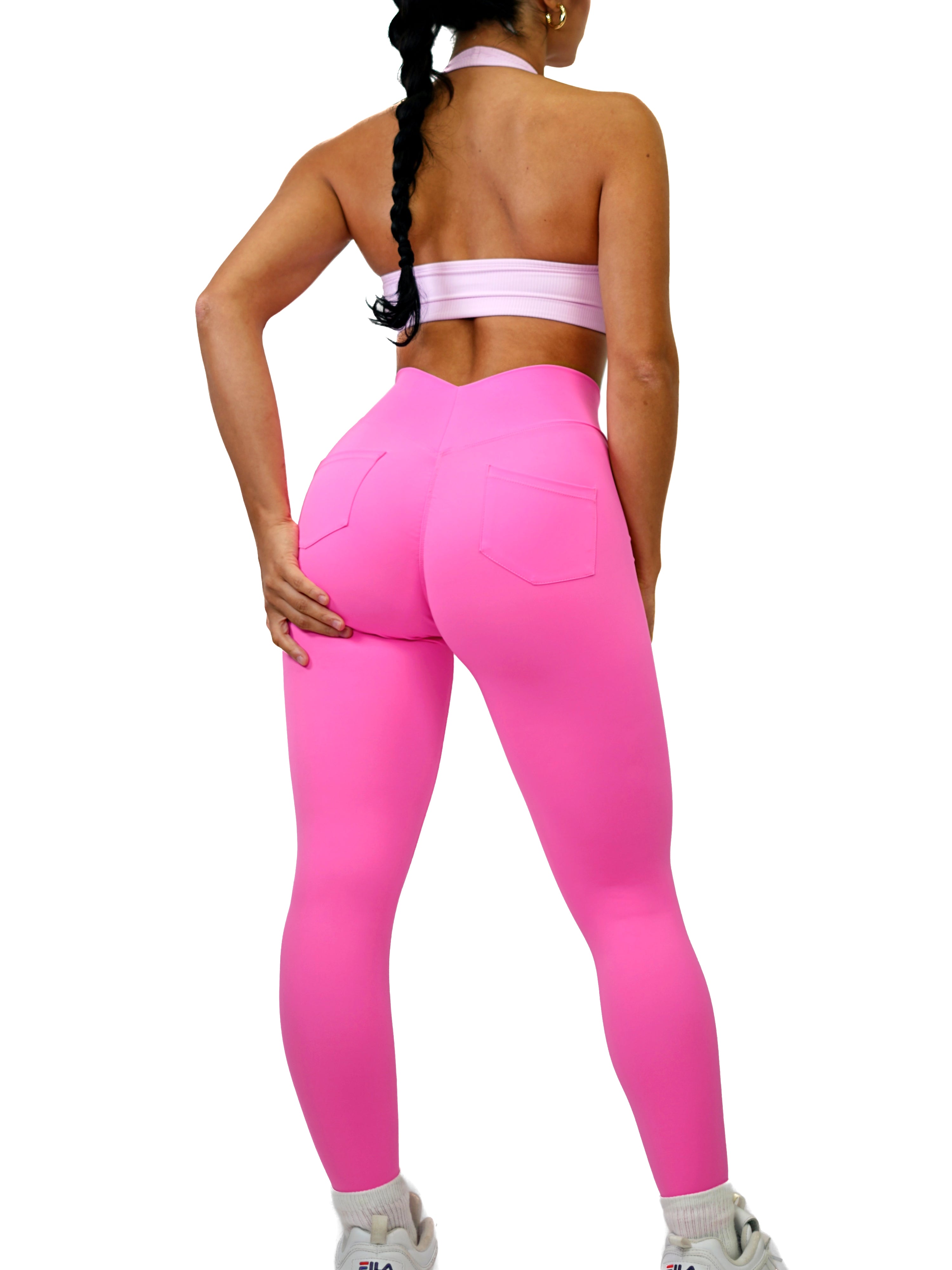 Low Back Pocket Leggings for Women - High Waisted Yoga Pants with Side Pockets, Neon Pink Workout Leggings - Perfect for Gym, Running, Yoga & Lounge Wear