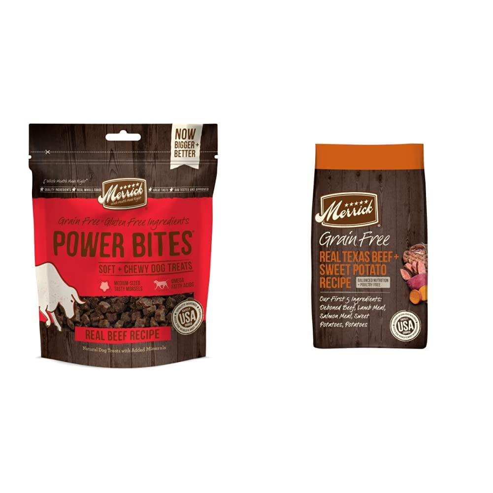 Merrick Grain-Free Dry Dog Food & Power Bites Dog Treats Bundle - Beef Recipe | High Protein Kibble & Natural Training Snacks for Active Dogs | Perfect for Training, Hiking & Outdoor Adventures