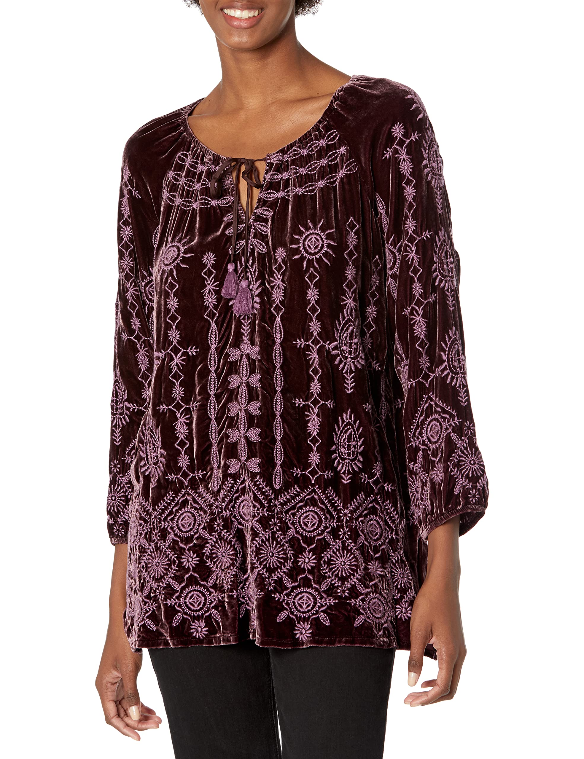 JWLA By Johnny Was Women's Long Sleeve Blouse - Flowy Boho Top for Casual Wear, Office & Date Night | Soft Cotton Blend Shirt with Embroidery Details