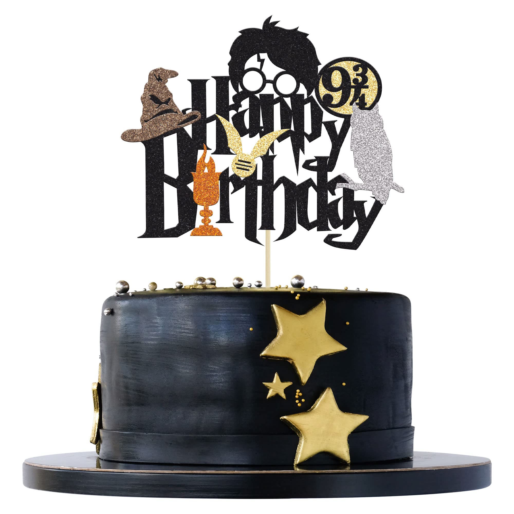 1Pcs Wizard Happy Birthday Cake Topper - Magical School Wizard Cake Decoration with Glitter - Black Wizard Themed Cake Picks for Kids Birthday Party, Baby Shower & Themed Celebrations - Perfect for Harry Potter Inspired Cakes, Fantasy Birthday Decorations and Magical School Events