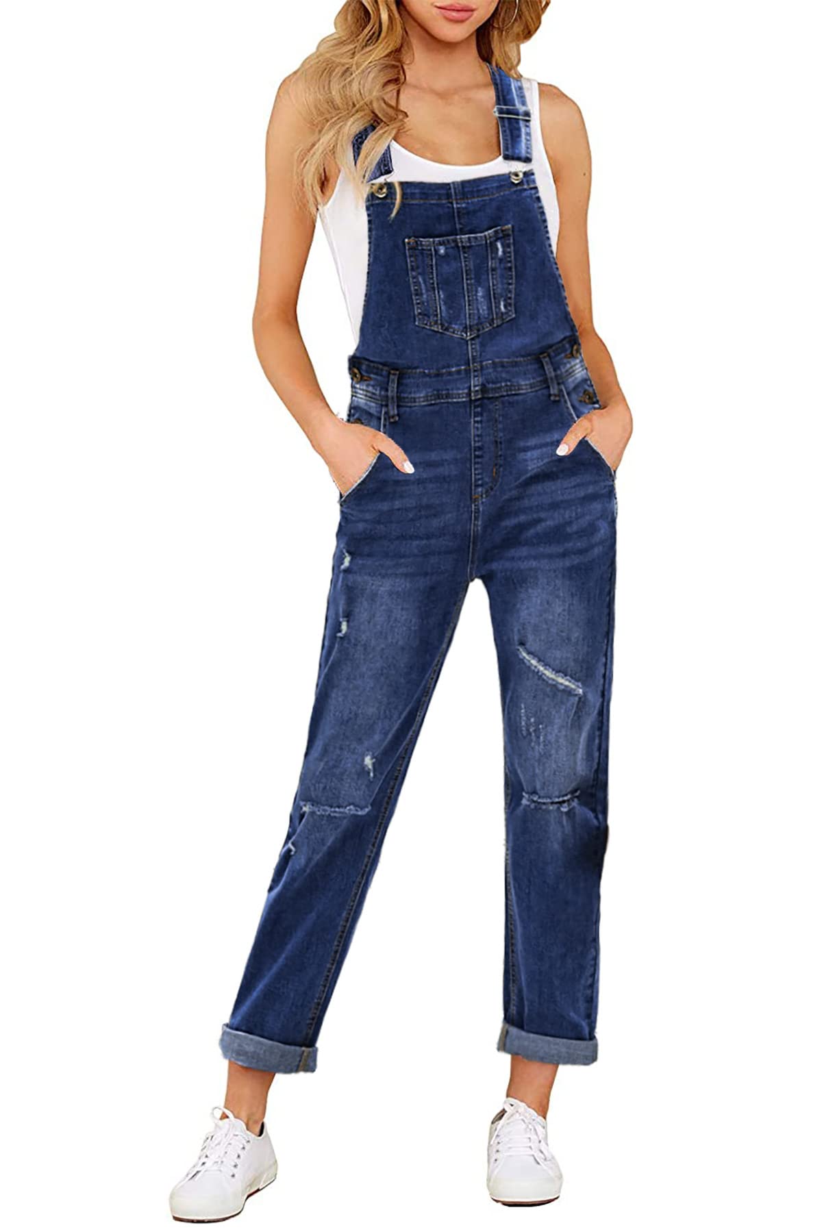 Sidefeel Women's Classic Adjustable Strap Ripped Denim Overalls - Vintage Distressed Jeans Jumpsuit with Pockets | Perfect for Casual Outings, Music Festivals & Street Style Fashion