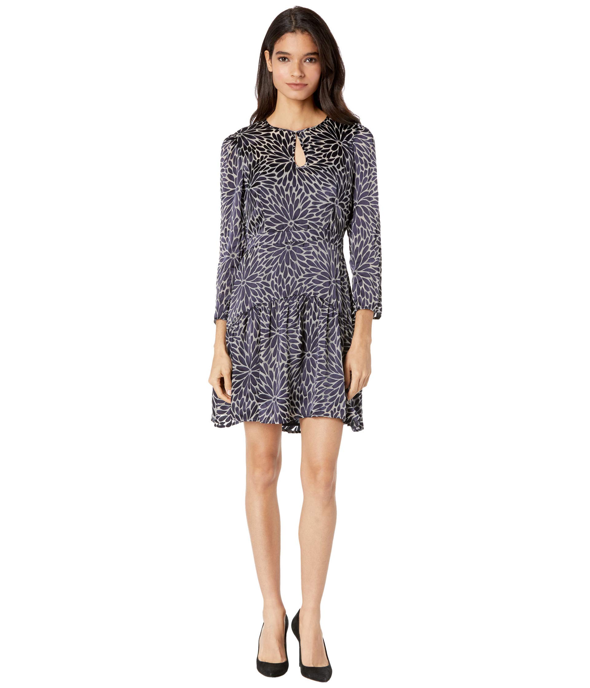 Rebecca Taylor Women's Long Sleeve Floral Print Dress - Navy Blue Size 6 | Elegant Fall & Winter Dress for Office, Party & Special Occasions