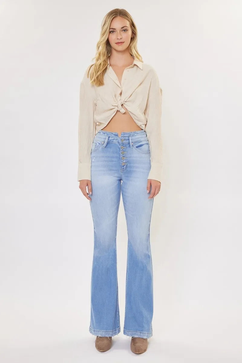 Kancan Women's Curvy High Rise Flare Jeans - Stretchy Denim Pants for Hourglass Figure | Perfect for Casual Wear, Date Nights & Vintage Outfits