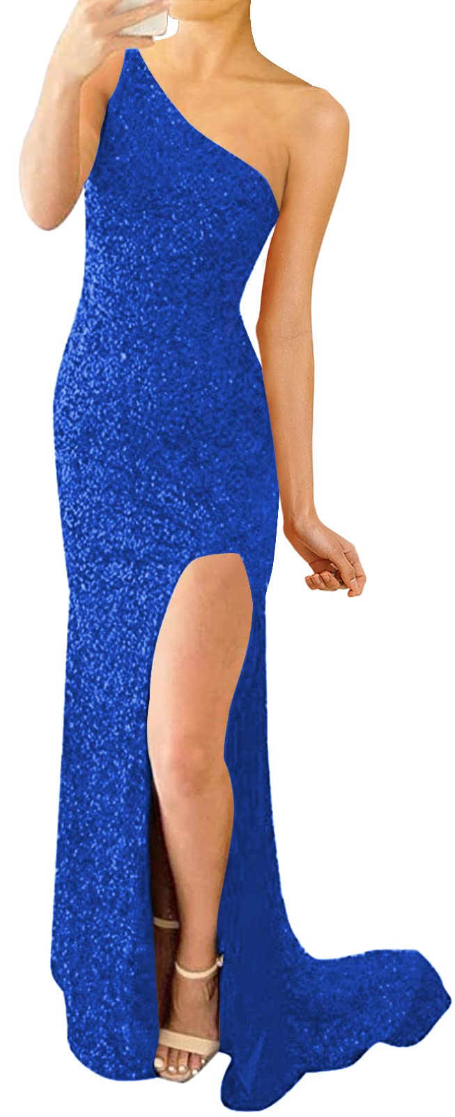 Elegant One Shoulder Sequin Prom Dress - Long Formal Evening Gown with Backless Design & High Slit | Perfect for Wedding Guest, Homecoming, Prom Night & Special Occasions