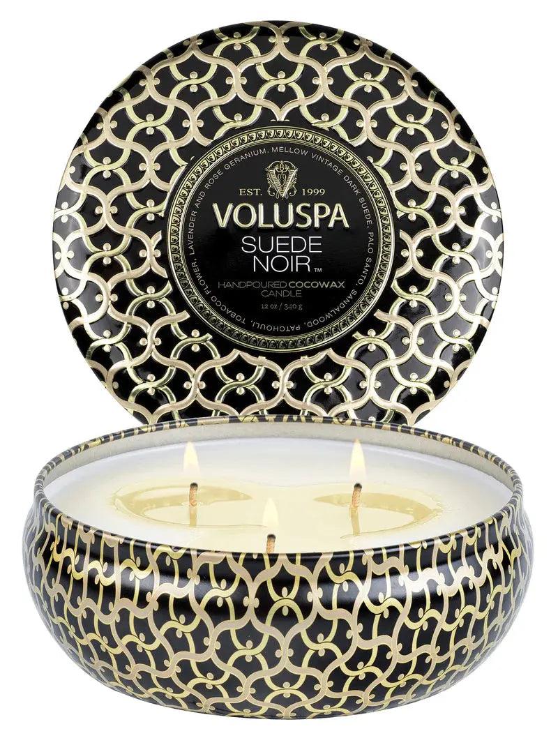 Luxury Suede Noir 3-Wick Tin Candle - Long Lasting Scented Soy Wax Candle for Home, Office & Relaxation - Perfect for Aromatherapy, Gifts & Romantic Ambiance