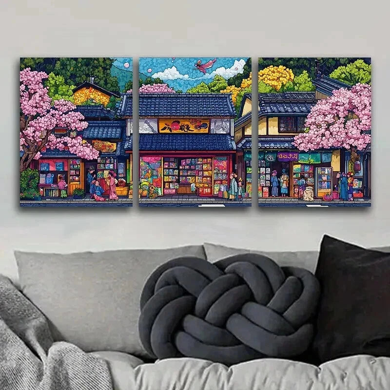 3-Piece Vibrant Japanese Comic Book Store Scene Wall Art Set - Framed Canvas 50x70cm (20x28in) - High Quality Print - Ready to Hang - Perfect for Anime Lover's Bedroom, Game Room or Office Decor