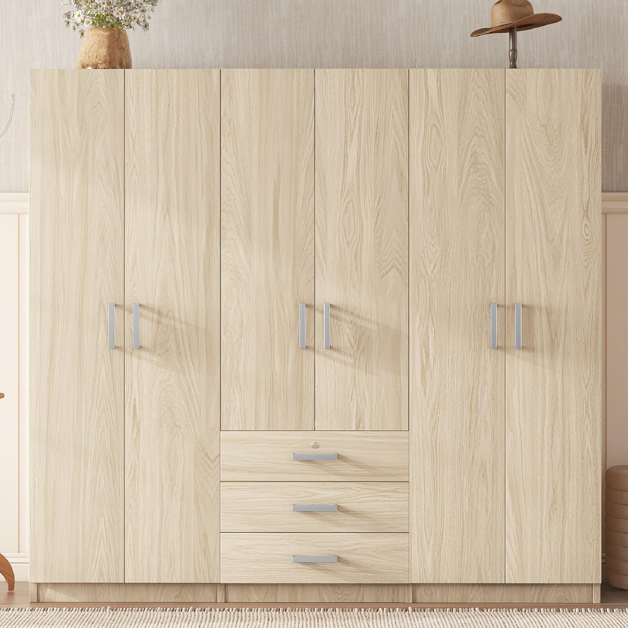 Merax Large 6-Door Natural Wood Wardrobe Closet Organizer - Tall Bedroom Armoire with Spacious Drawers, Hanging Rails & Shelves - Clothes Storage Cabinet for Bedroom, Garage & Laundry Room (Brown) - Perfect for Organizing Seasonal Clothing, Shoes & Linens