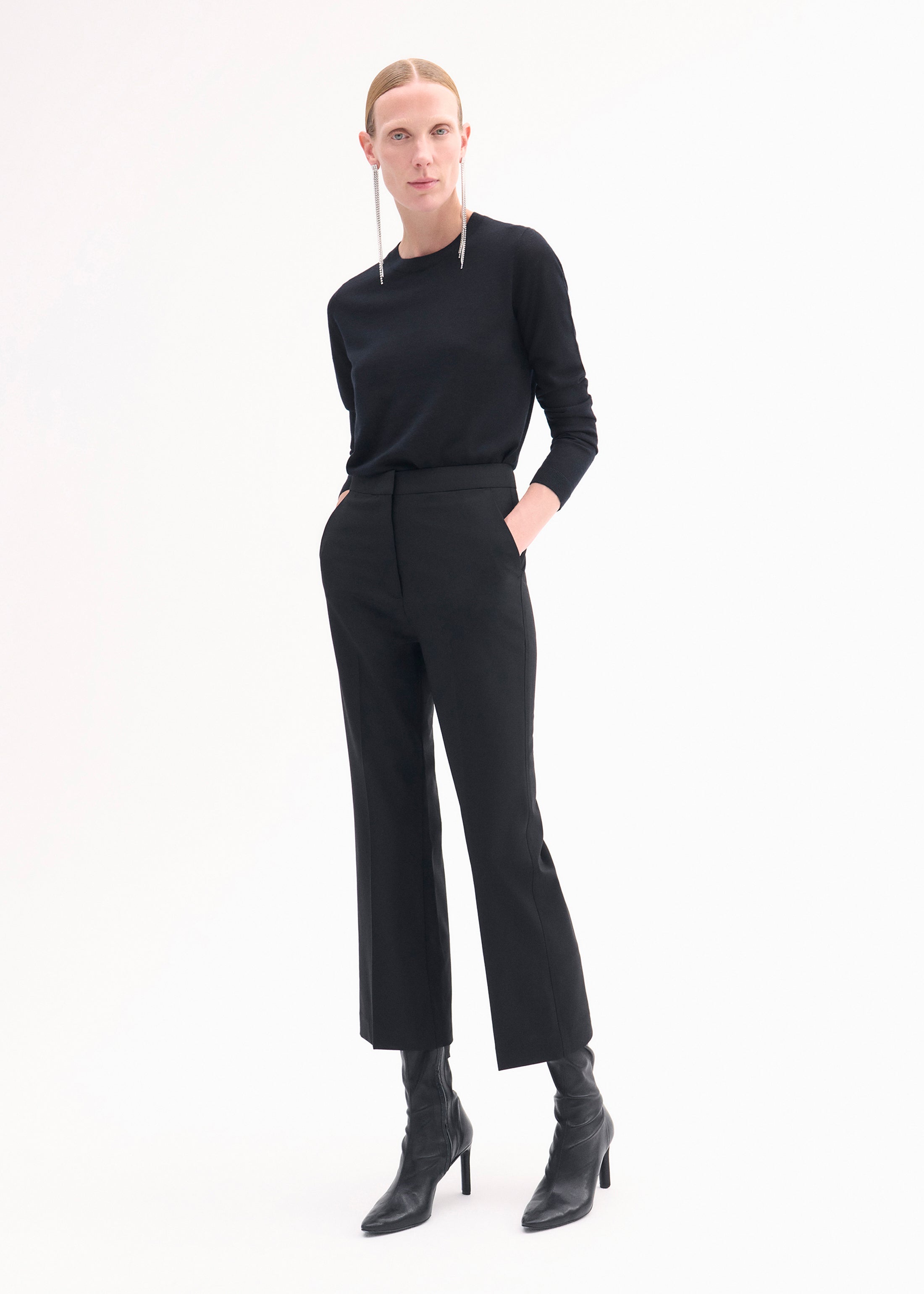 Premium Virgin Wool Cropped Cigarette Pants for Women - Slim Fit Black Trousers - Perfect for Office Wear & Smart Casual Outfits
