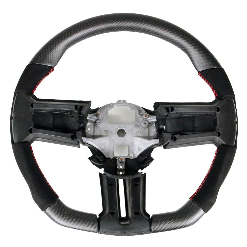 FREEMOTOR802 Matte Carbon Fiber Racing Steering Wheel with Alcantara & Red Stitching - Compatible with 2010-2014 Ford Mustang | Premium Replacement for Enhanced Grip & Sporty Look | Perfect for Racing, Drifting & Performance Driving
