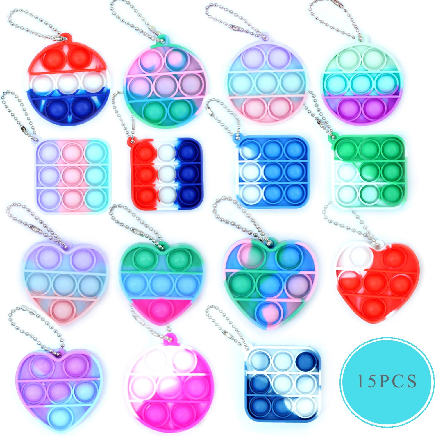 15 Pcs Mini Pop It Fidget Toys Set - Stress Relief Sensory Fidget Toys for Kids & Adults, Bubble Popper Keychain & Desk Toy (Square, Round, Heart Shapes) - Perfect for Anxiety Relief, Office, School & Travel Use