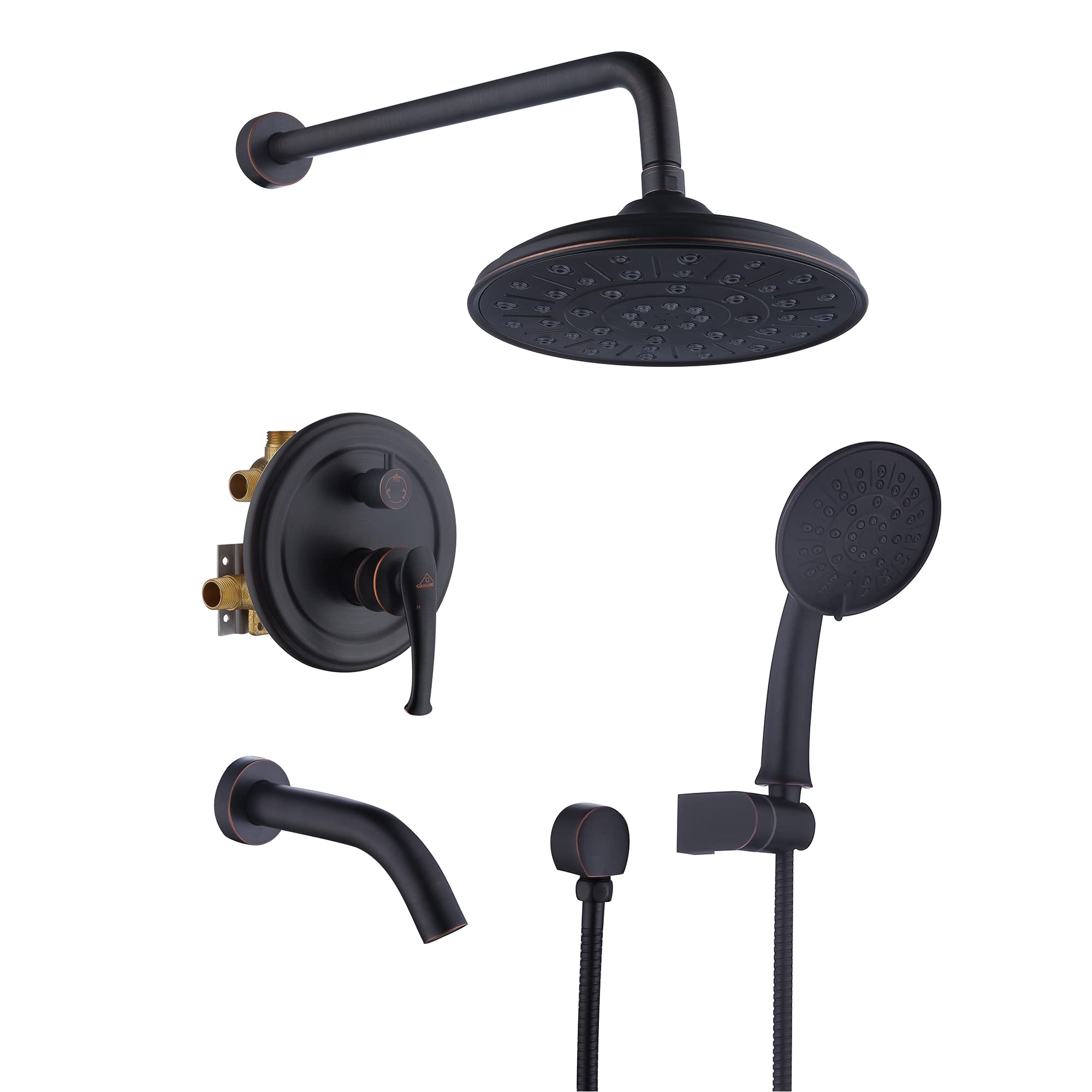 CASAINC 8 Inch Rain Shower System - Oil Rubbed Bronze Wall Mounted Shower Faucet Set with Pressure Balanced Valve & Tub Spout - Perfect for Bathroom Remodeling & Spa-Like Shower Experience