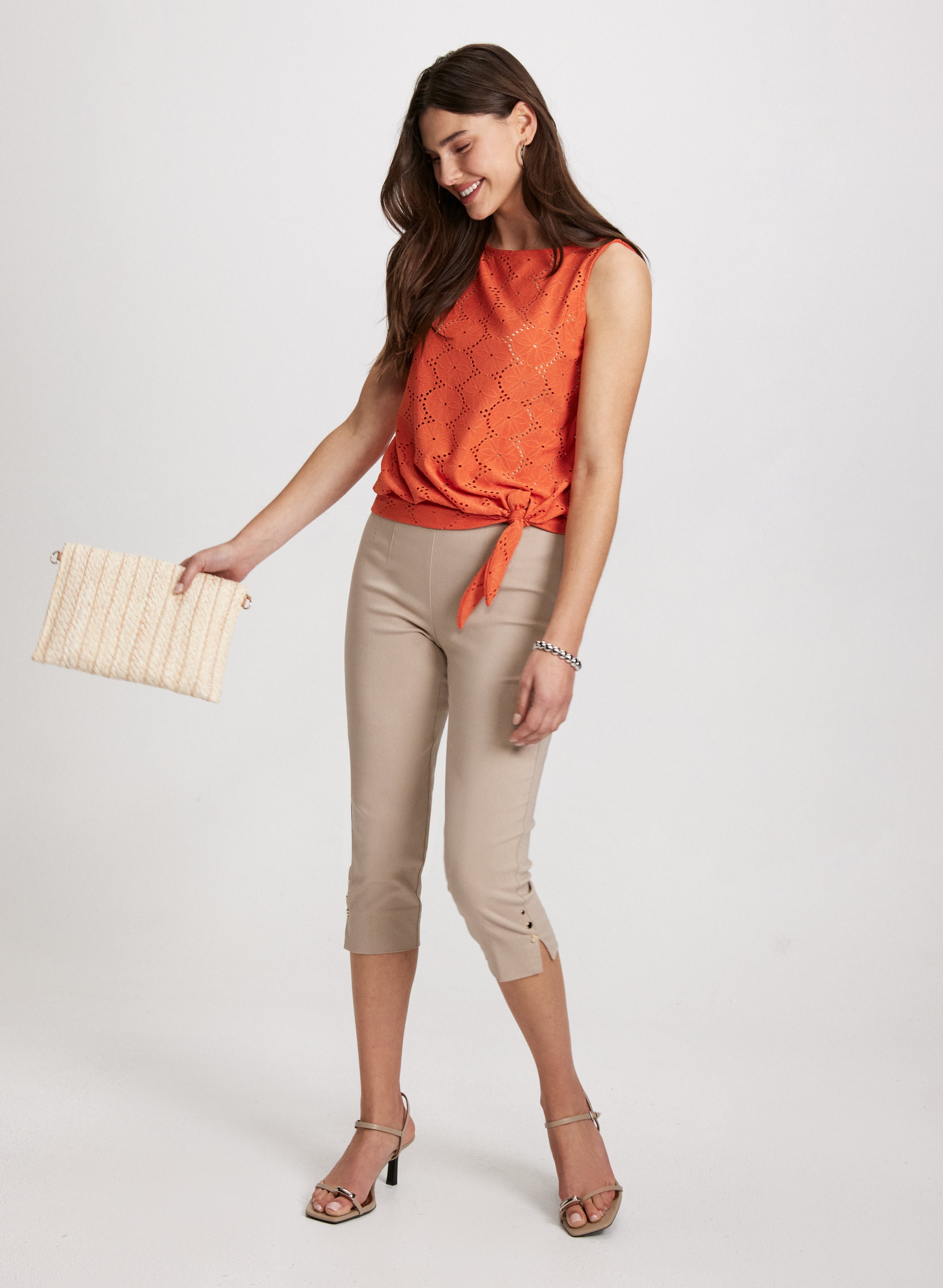 Eyelet Top & Decorative Button Capris - Women's Fashion Summer Casual Pants with Lace Trim for Beach, Vacation and Everyday Wear