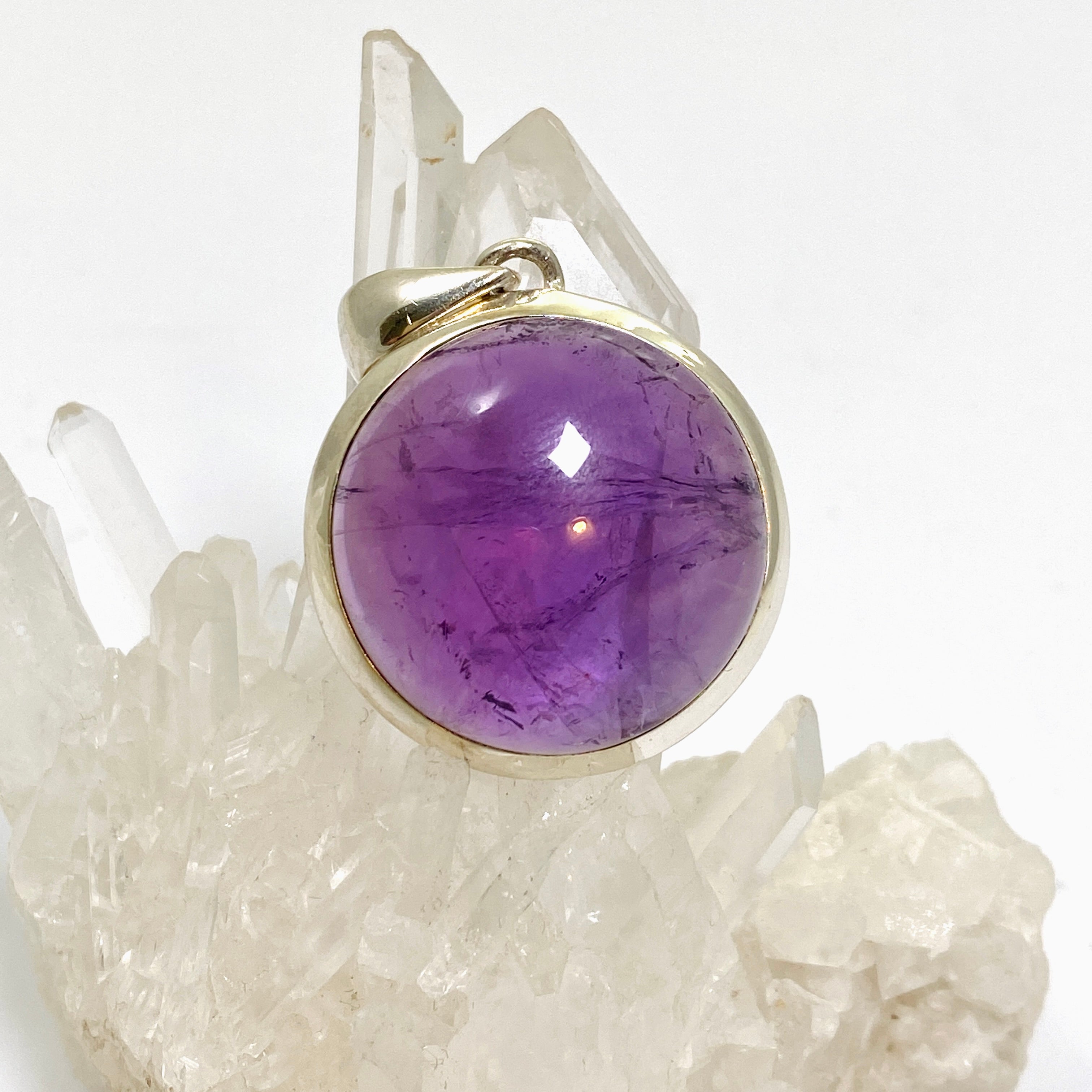Natural Amethyst Round Cabochon Pendant Necklace - 925 Sterling Silver Jewelry for Women, Healing Crystal Gift for Meditation & Spiritual Protection