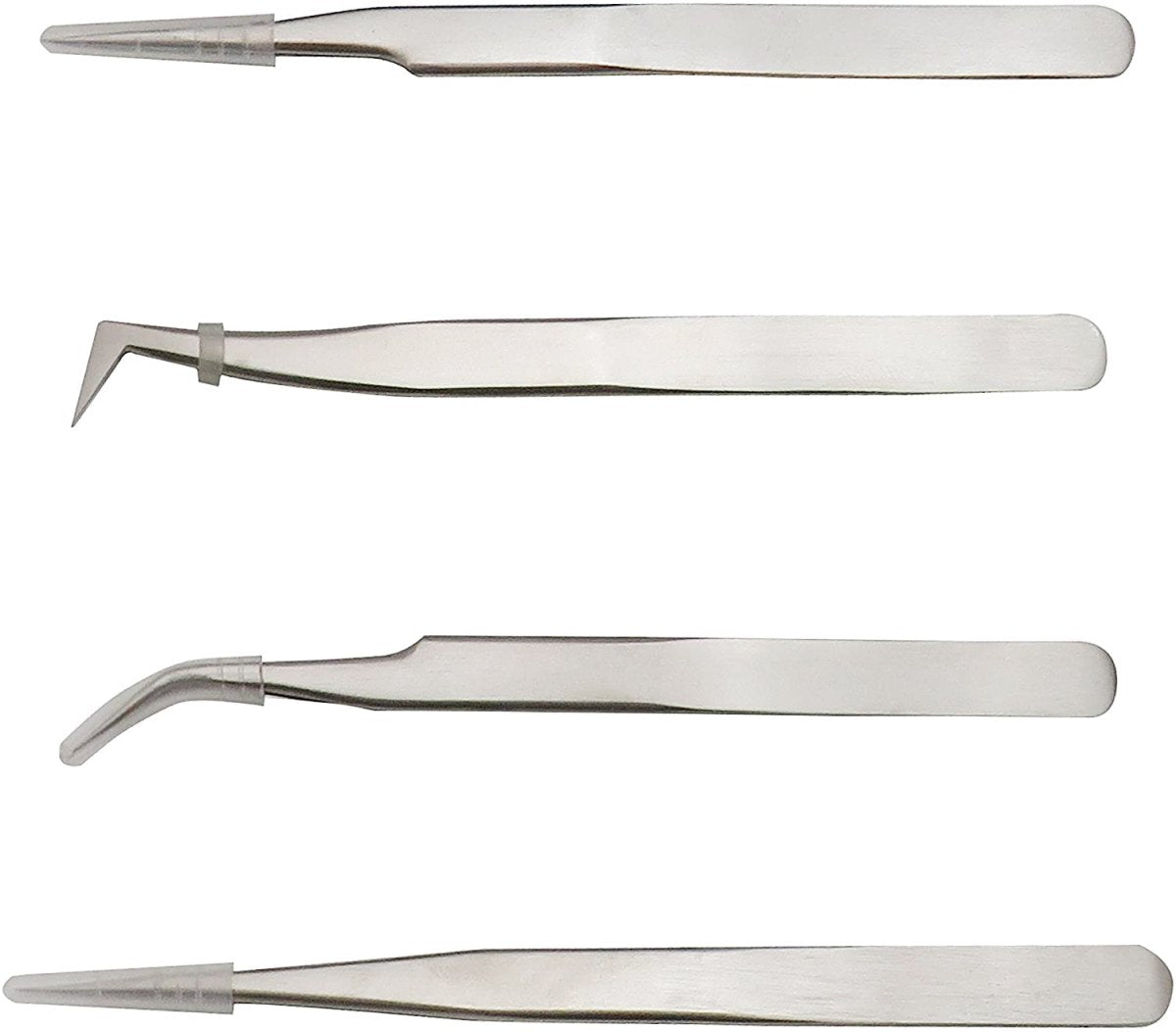4PC Professional Eyelash Extension Tweezers Kit - Stainless Steel Silver - Perfect for Eyelash Artists, Salon & Home Use - Includes Straight, Curved & Angled Tweezers for Precision Application