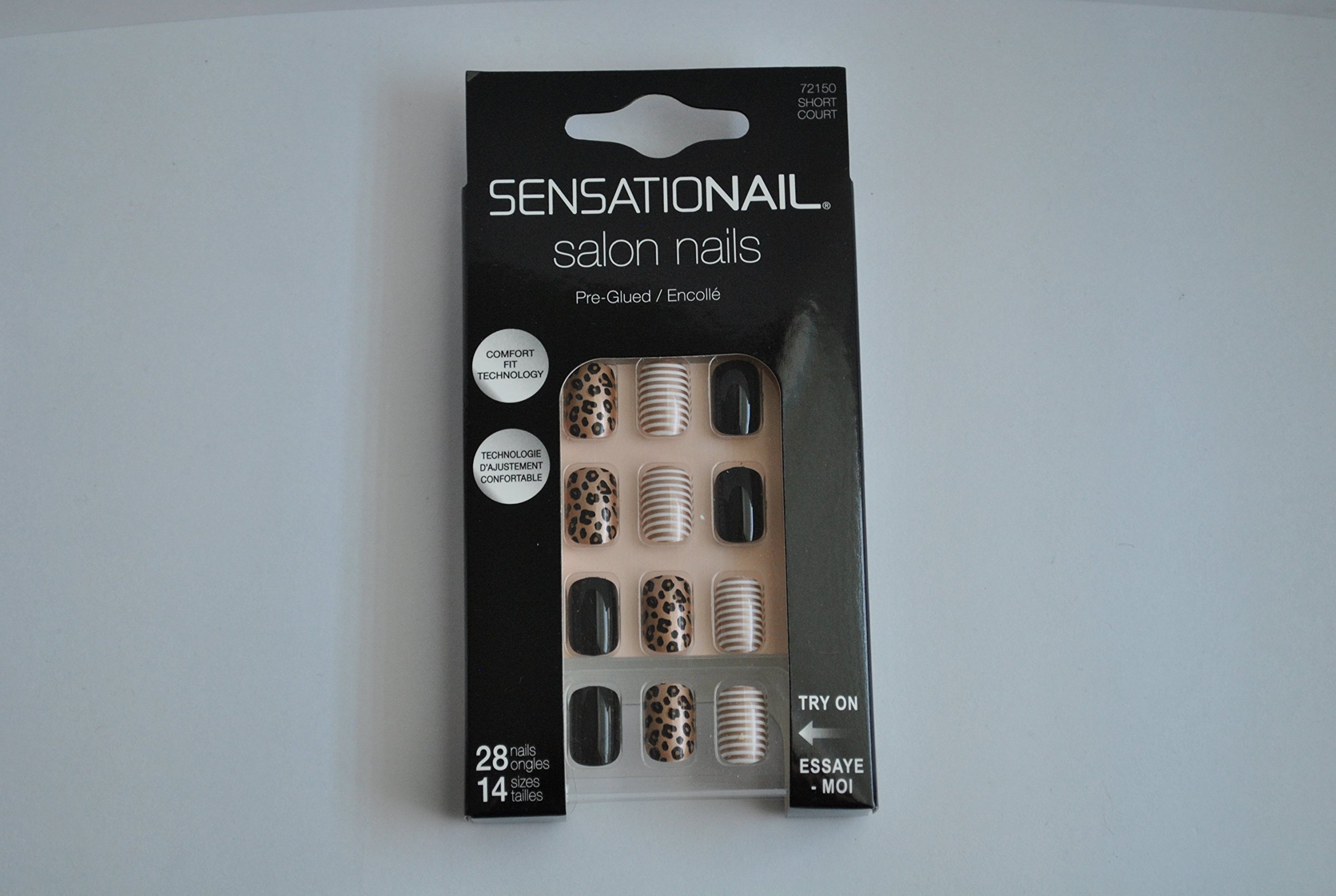 Sensationail Salon Nails Set - 28 Pre-Glued Artificial Nails in 14 Sizes, Short Square Press On Nails for Manicure | Perfect for Parties, Weddings & Everyday Wear