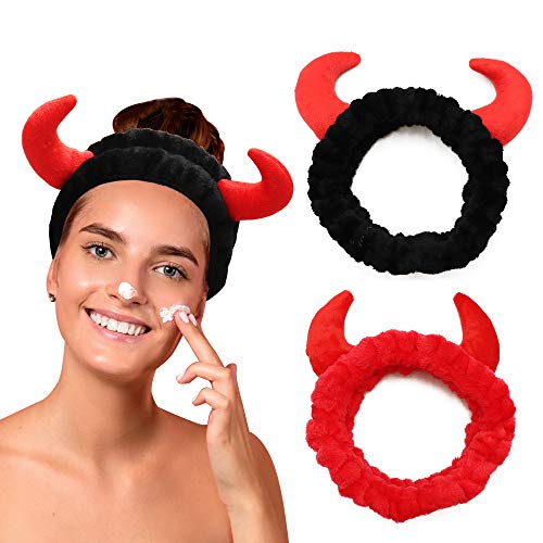 Women's Coral Fleece Facial Spa Headband for Skincare & Makeup - Soft & Absorbent Washing Face Headband (2 Pack with Devil Horn Design) - Perfect for Spa, Beauty Routine & At-Home Skincare
