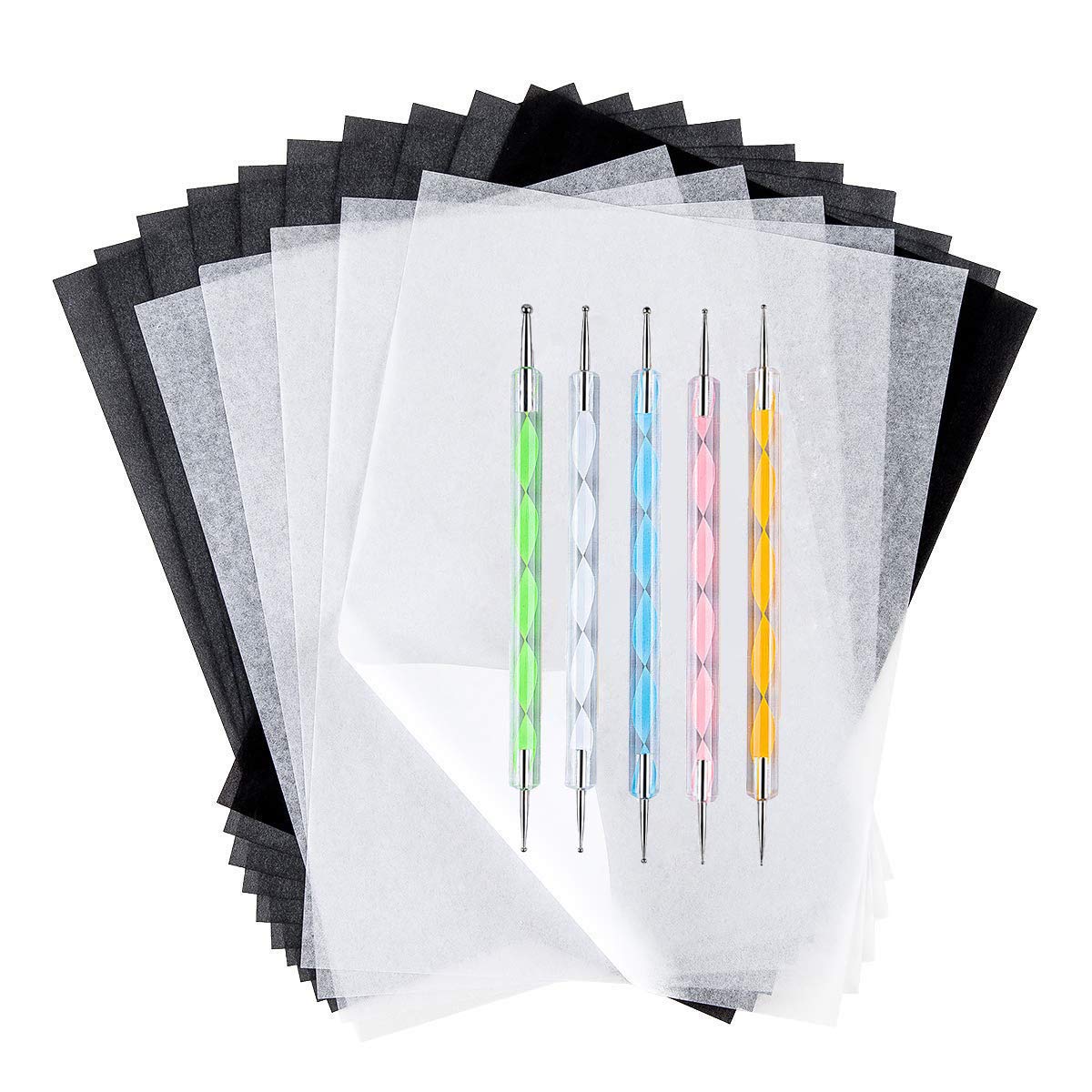100 Sheets White Tracing Paper & Carbon Transfer Paper with 5 Ball Embossing Styluses - Perfect for Wood Burning, Art Crafts, Paper Projects & Canvas Designs - Ideal for DIY Projects, Scrapbooking & Calligraphy