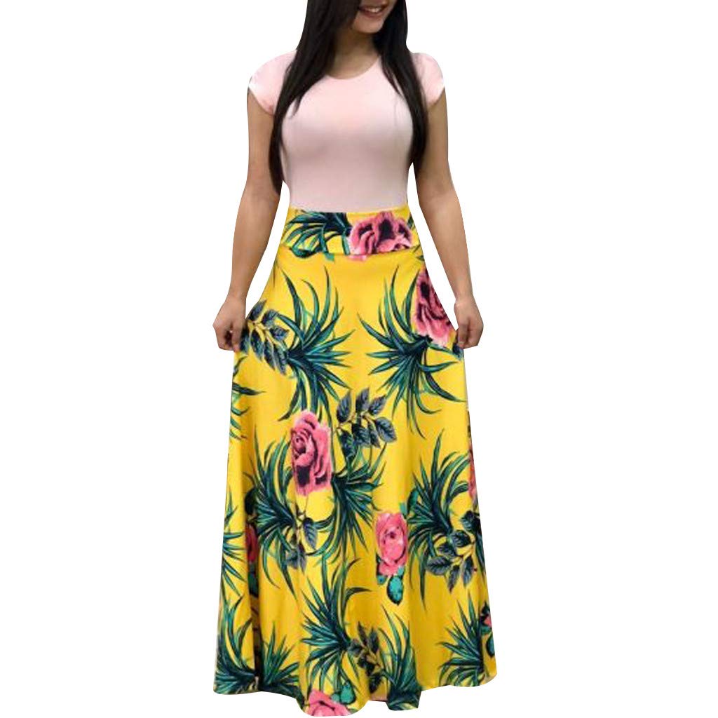 Women's Floral Print Short Sleeve Summer Maxi Dress - Casual Swing Sundress in White | Perfect for Beach Vacations, Garden Parties & Summer Outings
