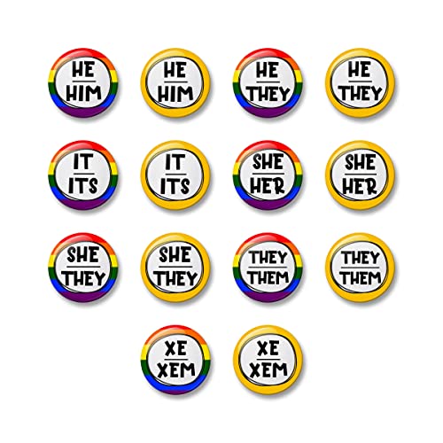 Pronoun Pin Buttons - 32mm LGBTQ+ Gender Pronoun Badges (HE/HIM, SHE/HER, THEY/THEM, XE/XEM) - Pack of 100 for Pride Events, School Backpacks & Workplace Visibility