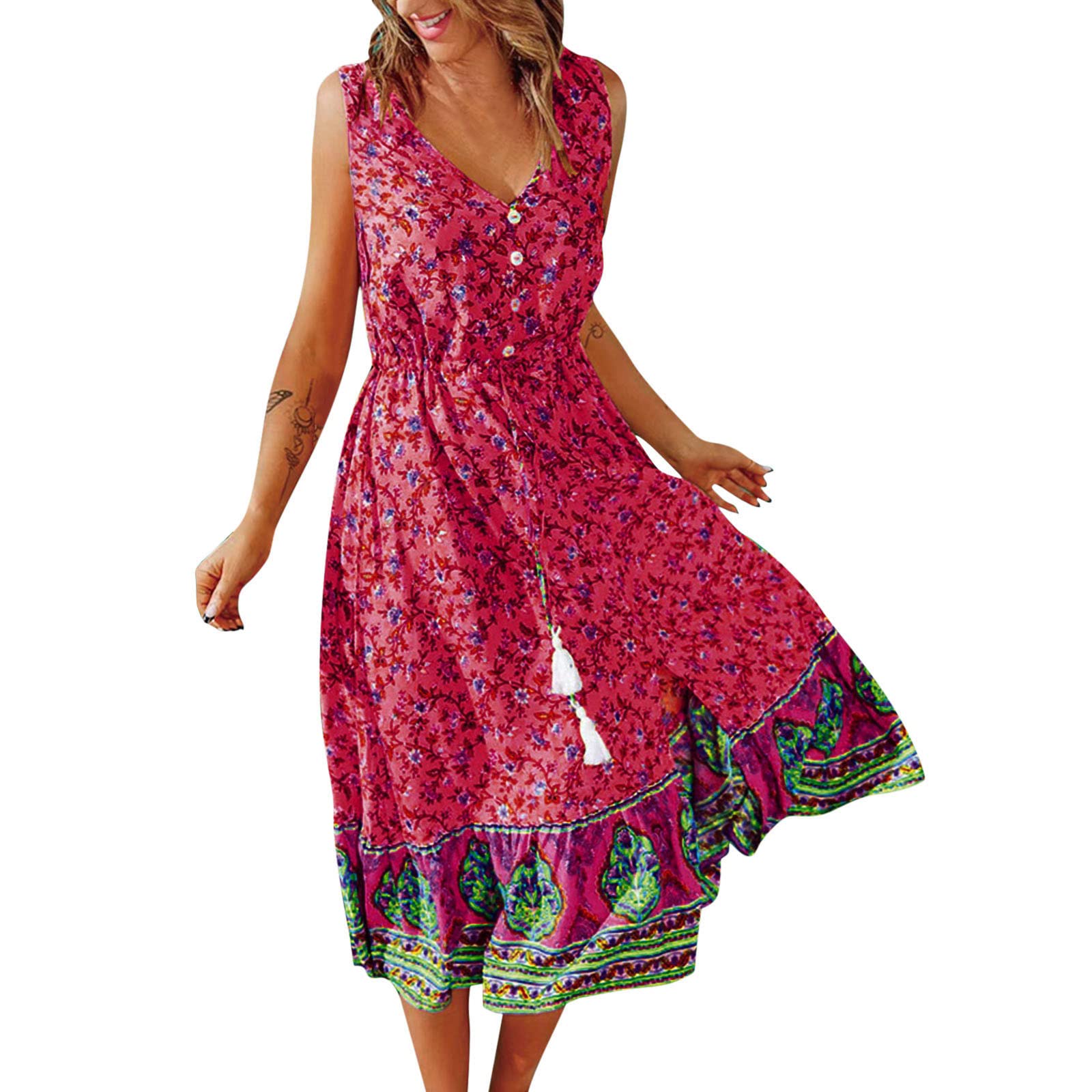 Boho Floral Print V-Neck Sleeveless Waist Dress for Women - Summer Casual Dress for Beach, Vacation & Outdoor Parties