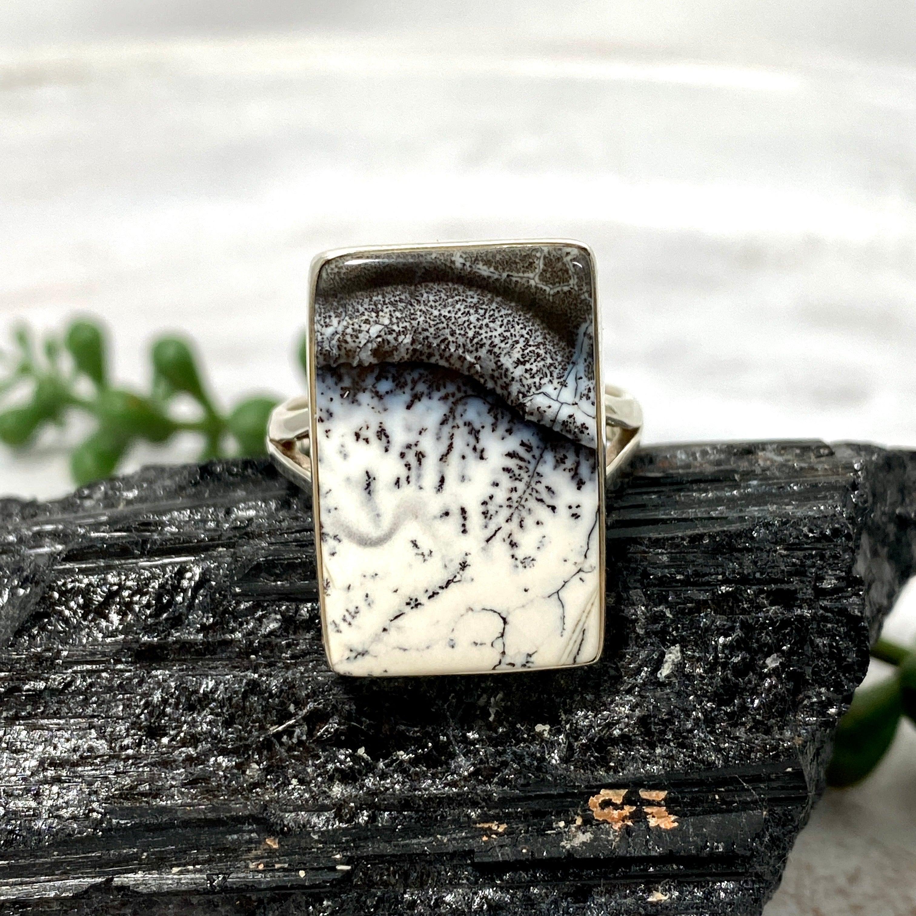 Dendritic Opal Rectangular Ring for Women - Size 10 - KRGJ2294 - Elegant Silver Jewelry for Everyday Wear, Special Occasions & Gift Giving