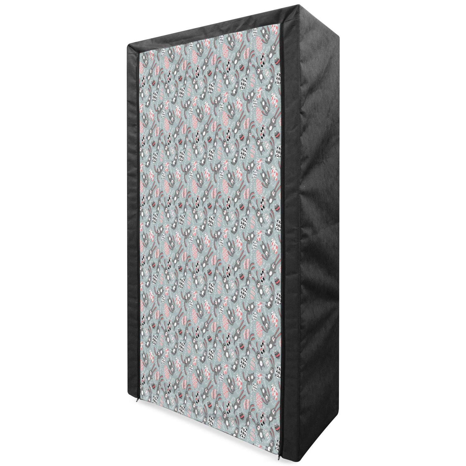 Ambesonne Easter Portable Fabric Wardrobe - Bunny Print Clothing Organizer with Shelves, 33.5 Inch Spring Storage Closet for Kids Room, Nursery, or Seasonal Decor | Blue Grey Coral Black Design