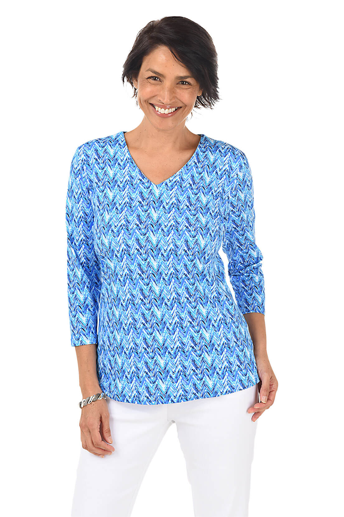 Blue Chevron Classic UPF50+ V Neck Top for Women - Sun Protection Summer T-Shirt for Outdoor Activities, Beach, and Travel