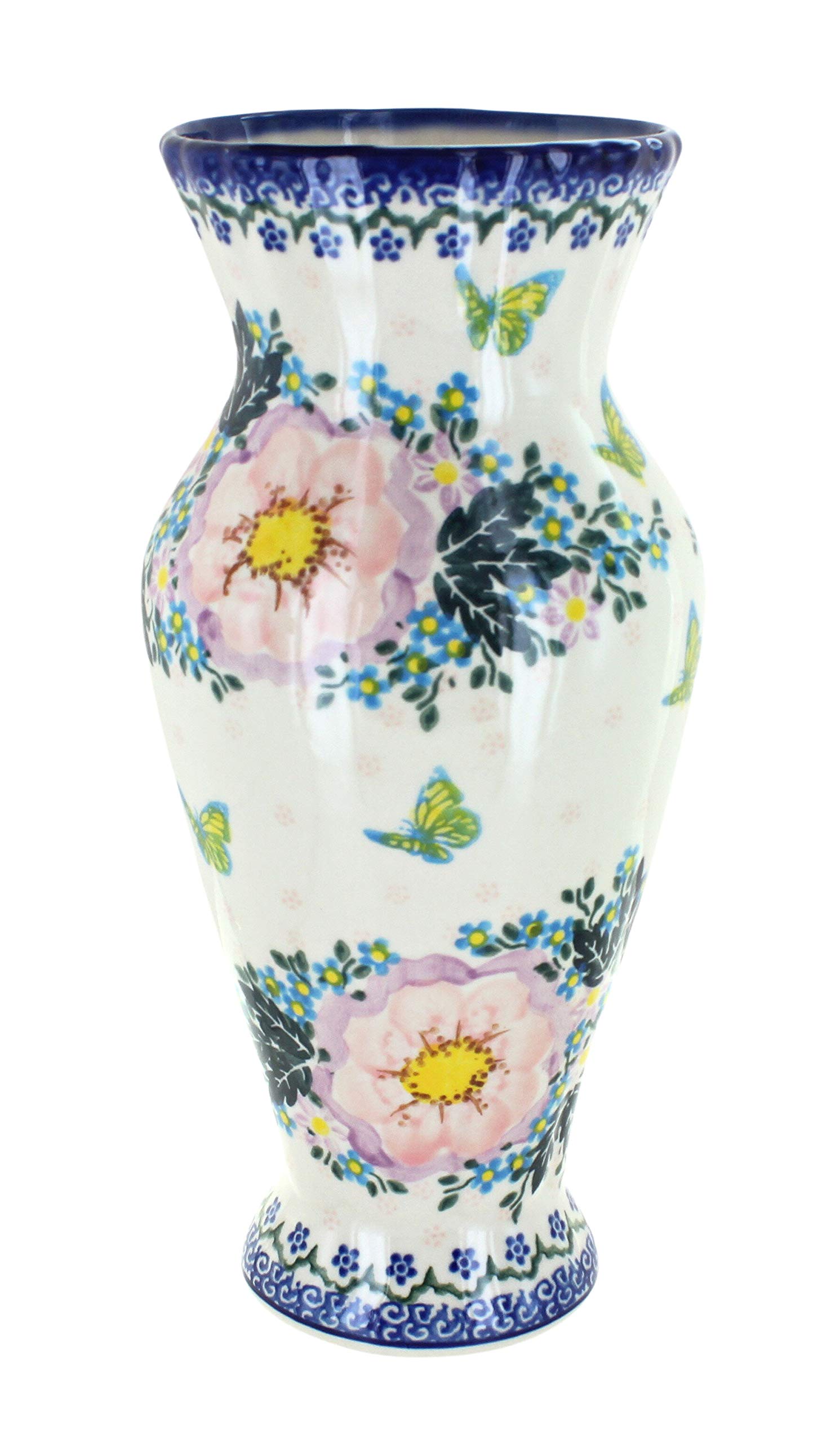 Handmade Blue Rose Polish Pottery Apple Blossom Tall Vase - Elegant Floral Home Decor for Dining Table, Wedding Centerpiece & Gift Idea