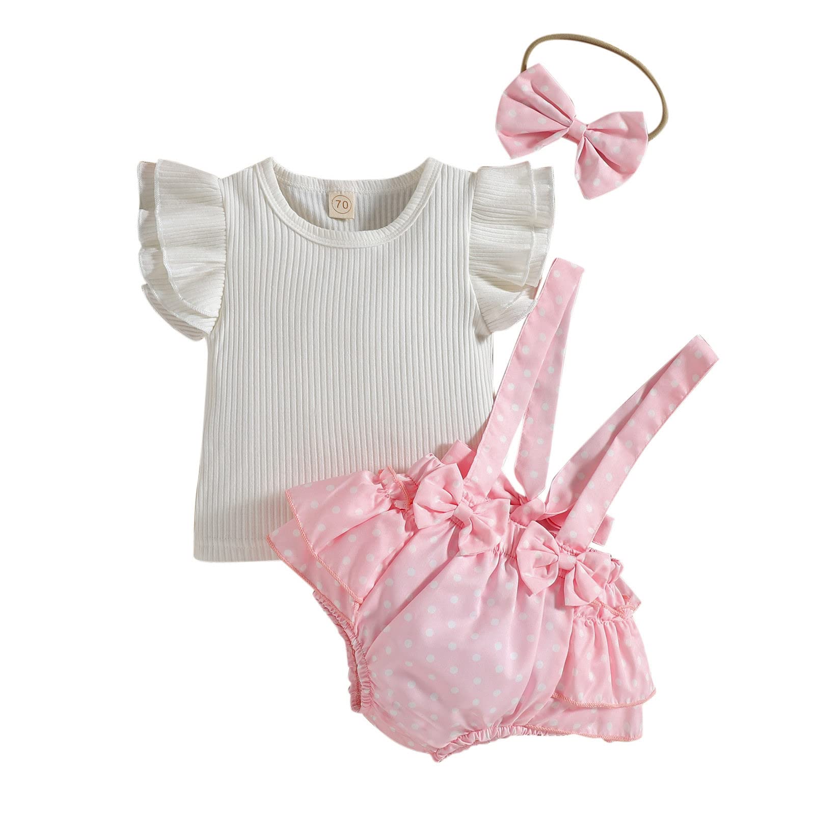 Toddler Girls Summer Outfit Set - Fly Sleeve Ribbed T-Shirt, Ruffled Suspenders Shorts & Headband | Cute Solid Color Toddler Clothes for Playdates, Beach & Outdoor Activities