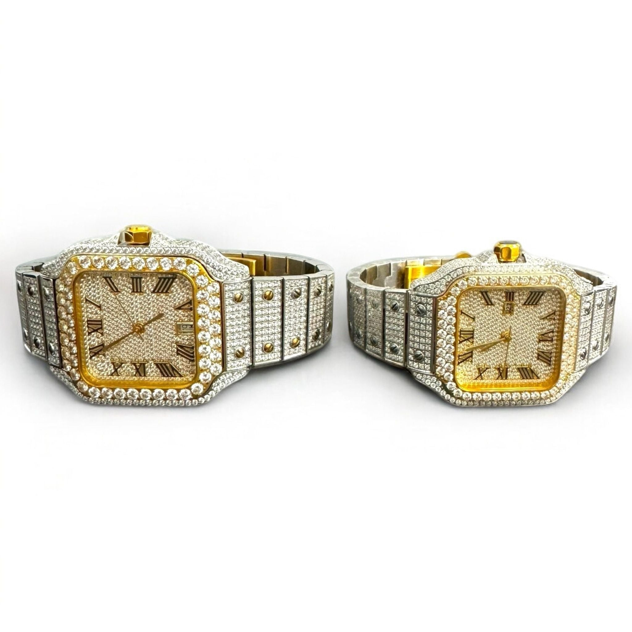 Luxury Moissanite His and Her Watch Set - 2 Tone Gold Plated Couples Watches for Anniversary, Wedding, and Special Occasions