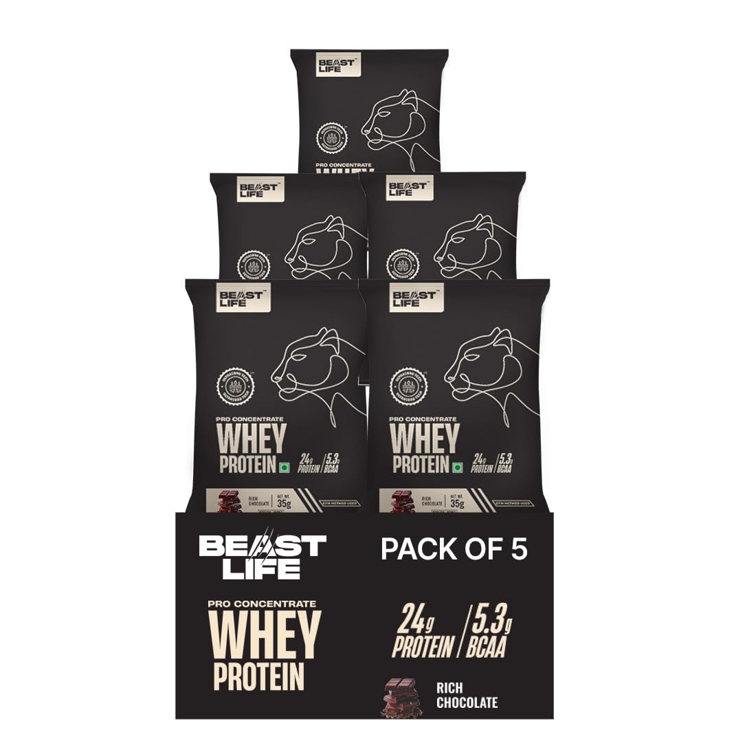 BeastLife Whey Protein Powder Chocolate Flavor 5 Servings (24g Protein per Serving) with Ultrasorb Technology - Portable Travel Sachets for Gym, Workout & On-the-Go Nutrition