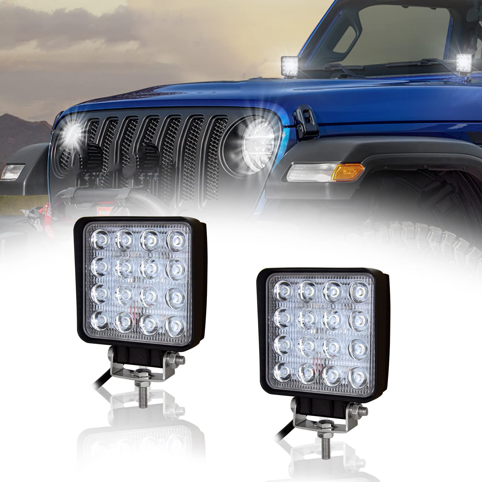 SKYWORLD 4 Inch LED Light Bar 48W Flood Beam - 6000K White Square Mini Fog Lights for Cars, Trucks, ATVs, UTVs - Waterproof Off-Road Driving Lights (2-Pack) - Perfect for Night Driving, Off-Road Adventures & Emergency Lighting