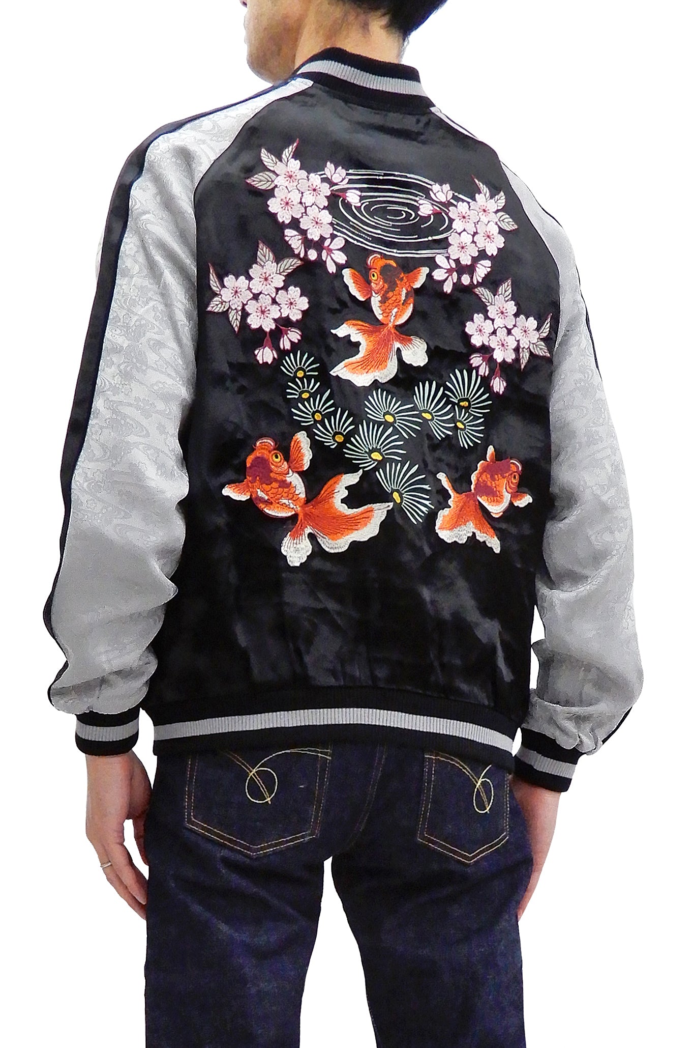 Japanese Souvenir Jacket for Men - Goldfish Embroidery Sukajan Bomber Jacket (Black/Gray) | Vintage Asian Streetwear | Perfect for Cosplay, Anime Conventions & Urban Fashion