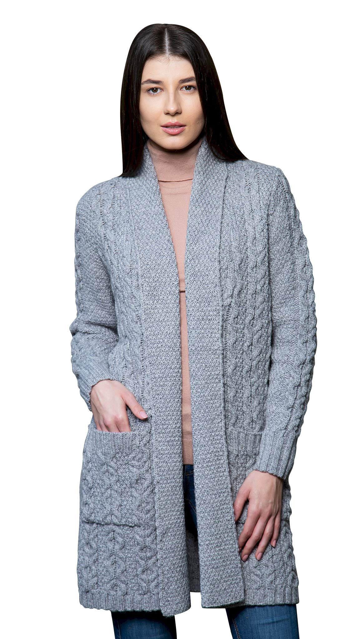 SAOL 100% Merino Wool Irish Long Open Knit Ladies Cardigan Sweater - Women's Lightweight Winter Pullover for Casual Wear & Office Outfits
