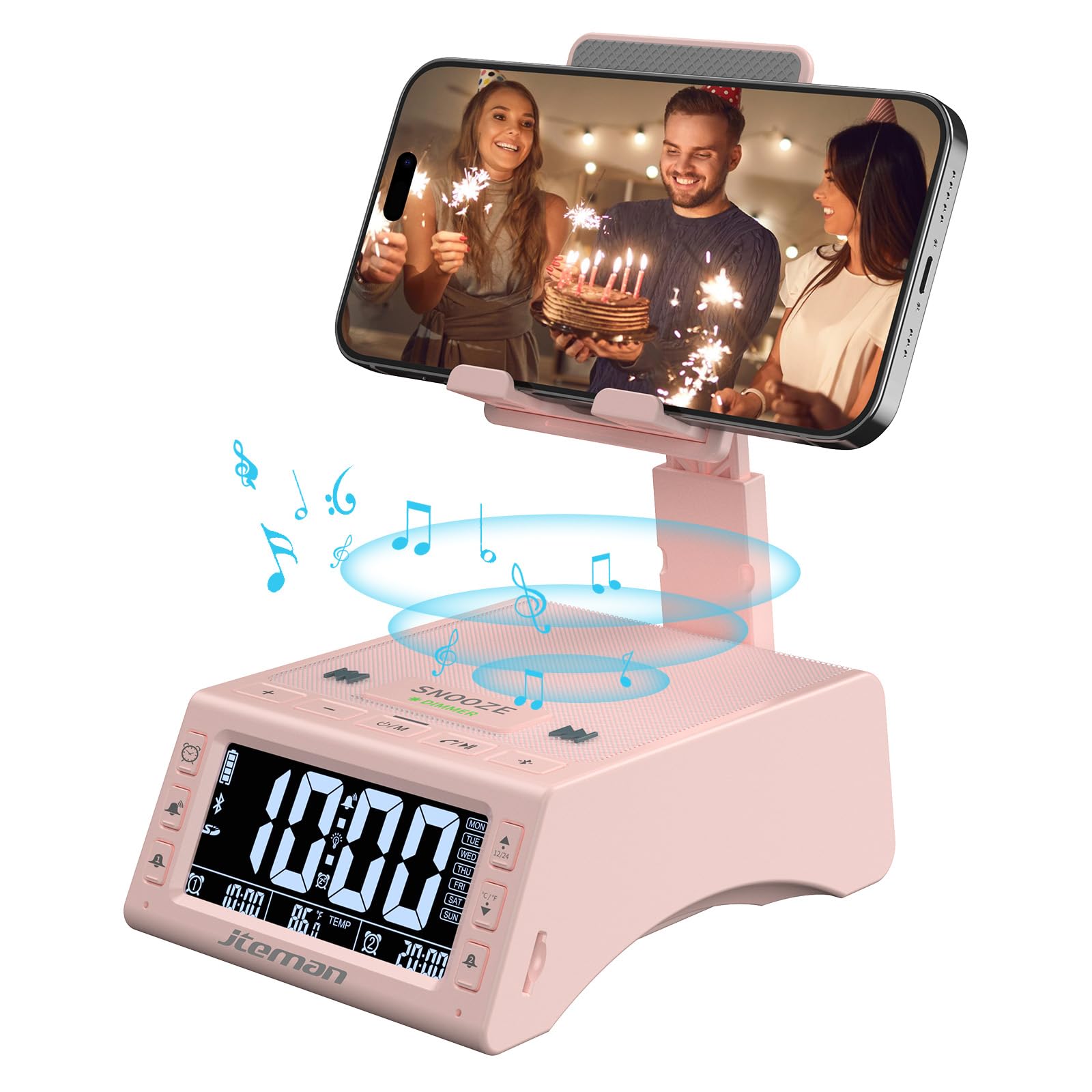 JTEMAN Wireless Bluetooth Speaker with Adjustable Cell Phone Stand - Cool Tech Gadget for Kitchen, Office, or Travel - Unique Birthday Gift for Men, Women, Husband, Boyfriend (Pink)