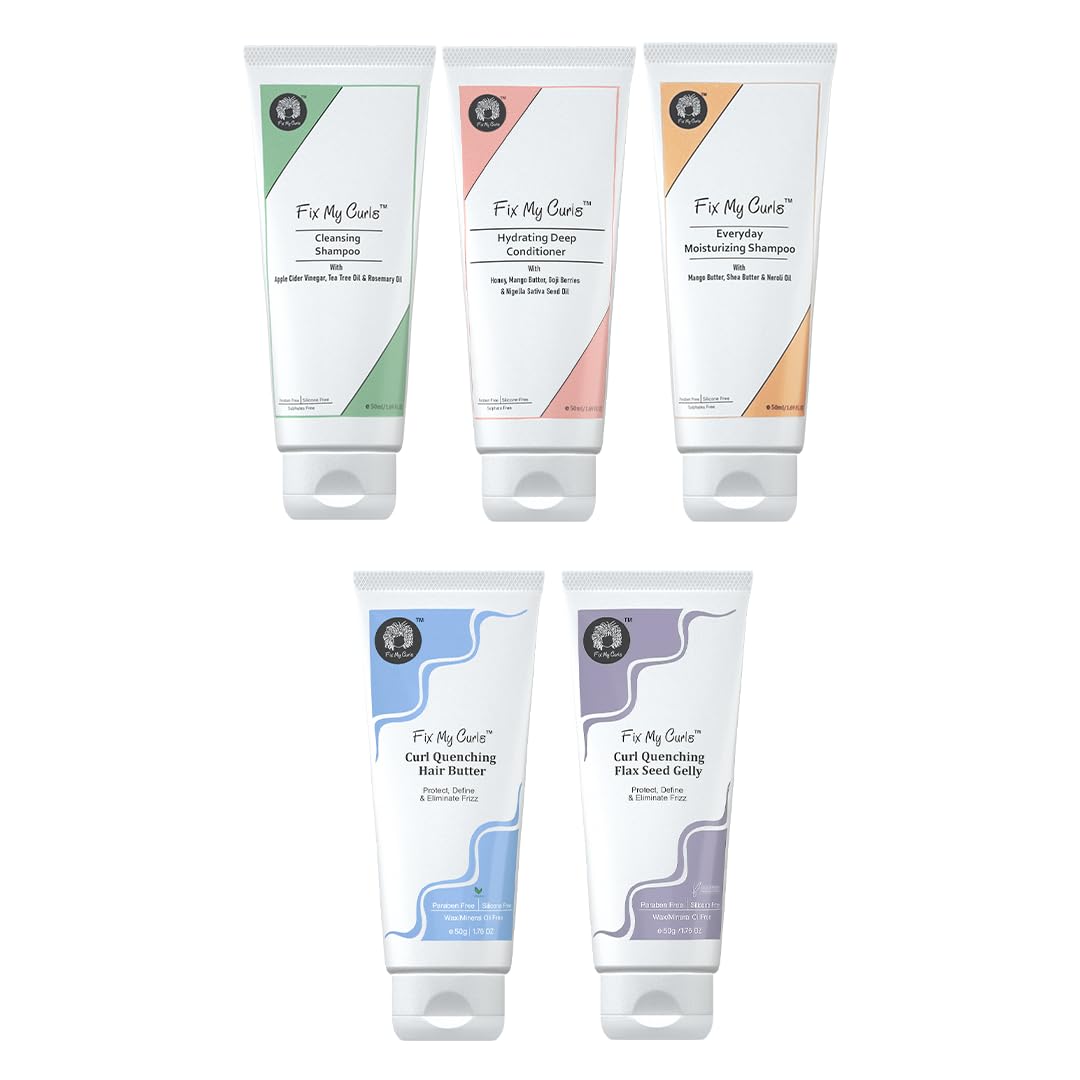 Fix My Curls Complete Curl Care Travel Kit - 5-Piece Set with Cleansing Shampoo, Moisturizing Shampoo, Hydrating Conditioner, Hair Butter & Curl Defining Gelly (50ml Each) for Dry, Frizzy Hair - Perfect for Travel, Gym & On-The-Go Curly Hair Care